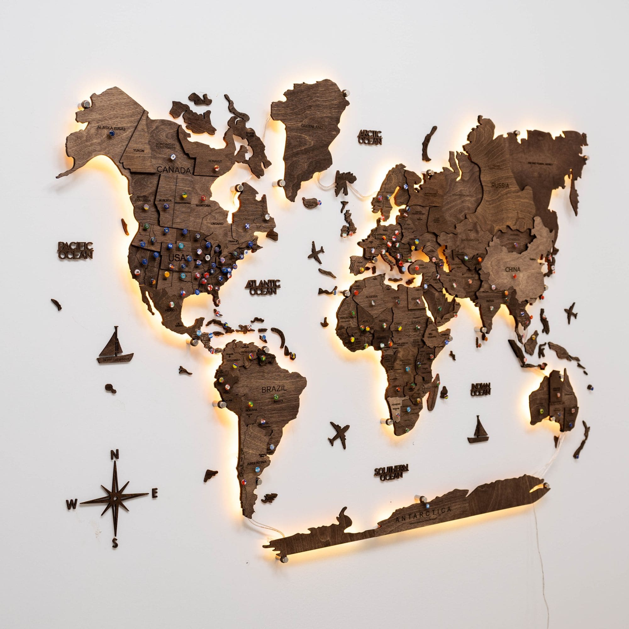 Dark Walnut LED Wooden World Map 3.0, Modern Wall Art