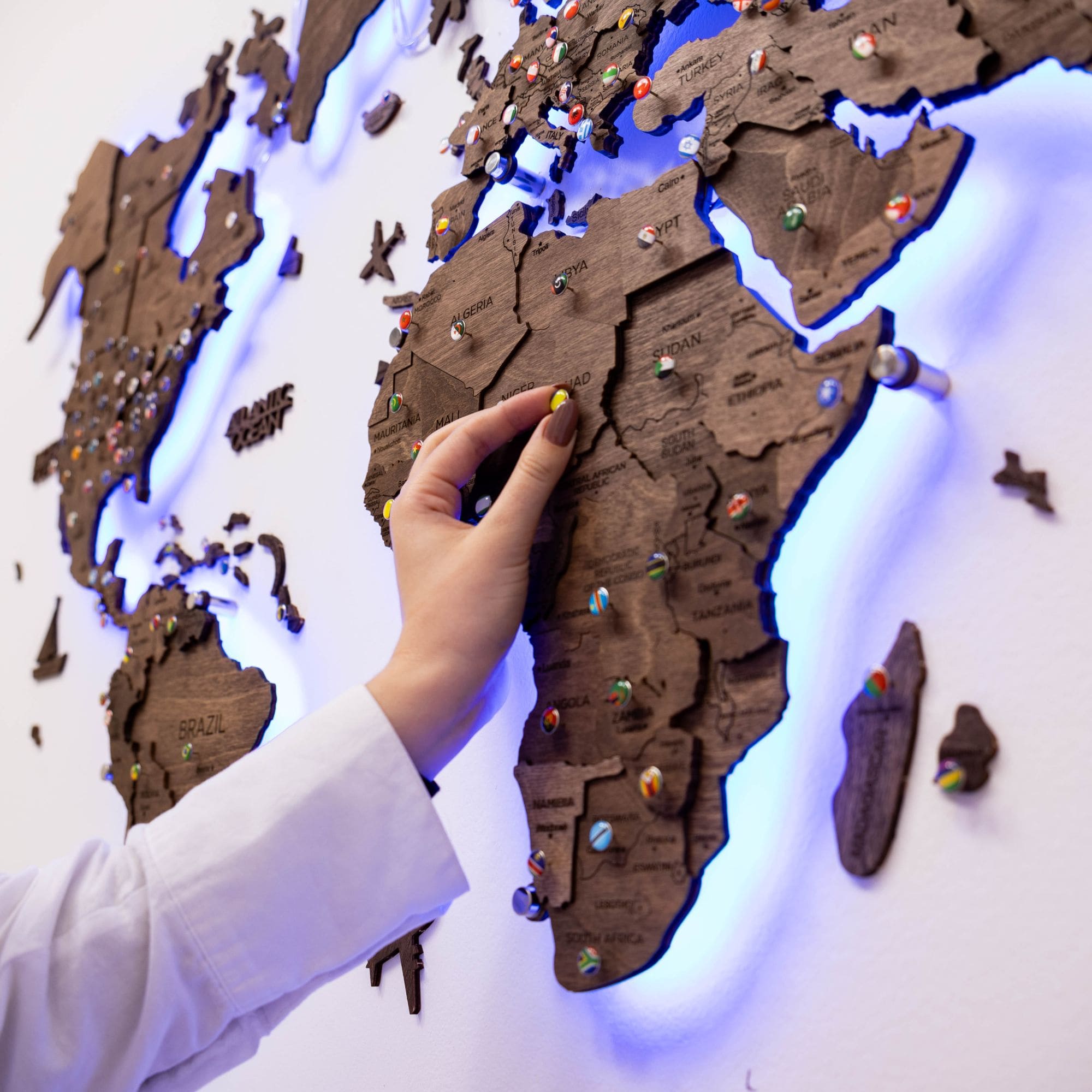 Dark Walnut LED Wooden World Map 3.0, Modern Wall Art