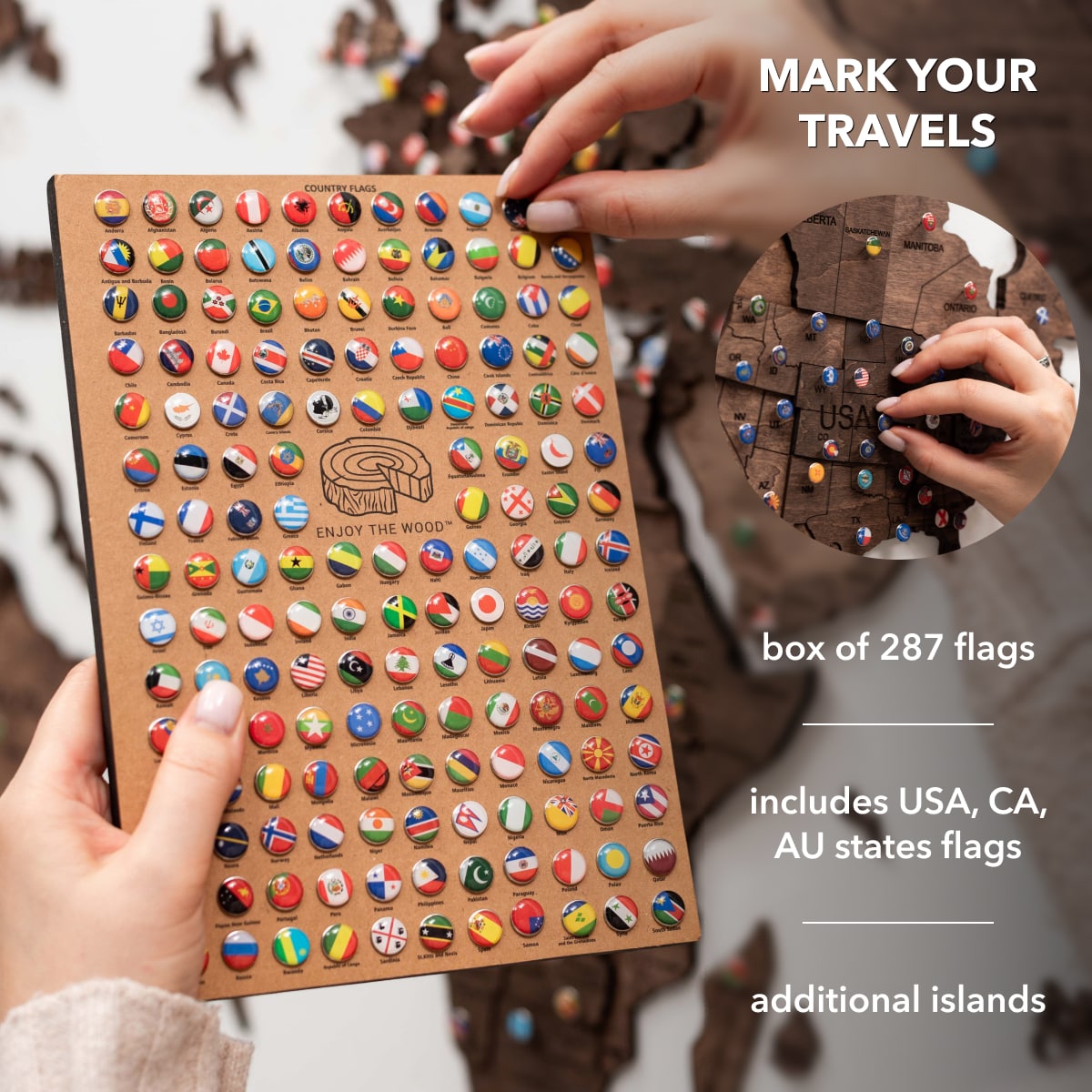 3D Wooden World Map in Dark Walnut Travel-Themed Wall Decor