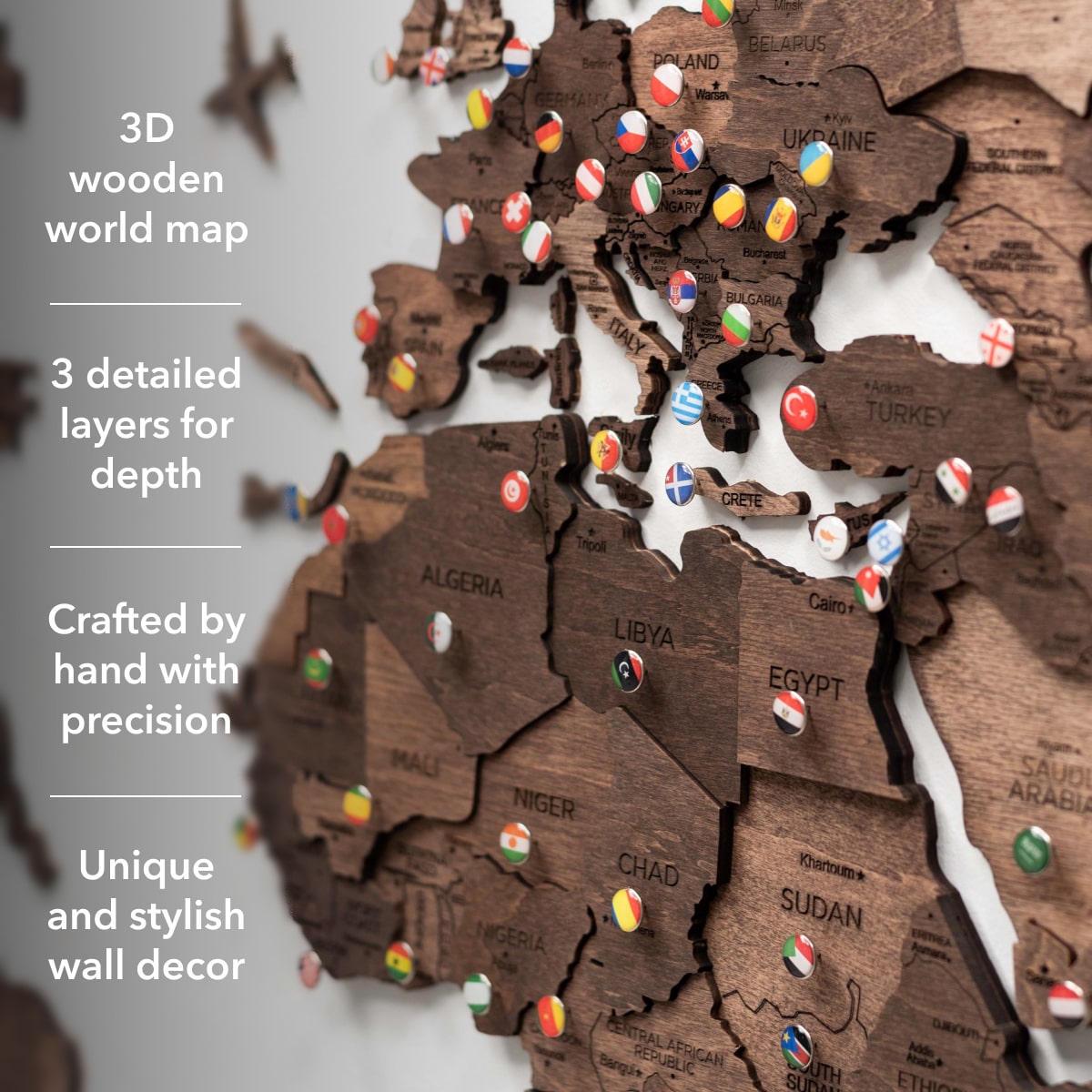 3D Wooden World Map in Dark Walnut Travel-Themed Wall Decor