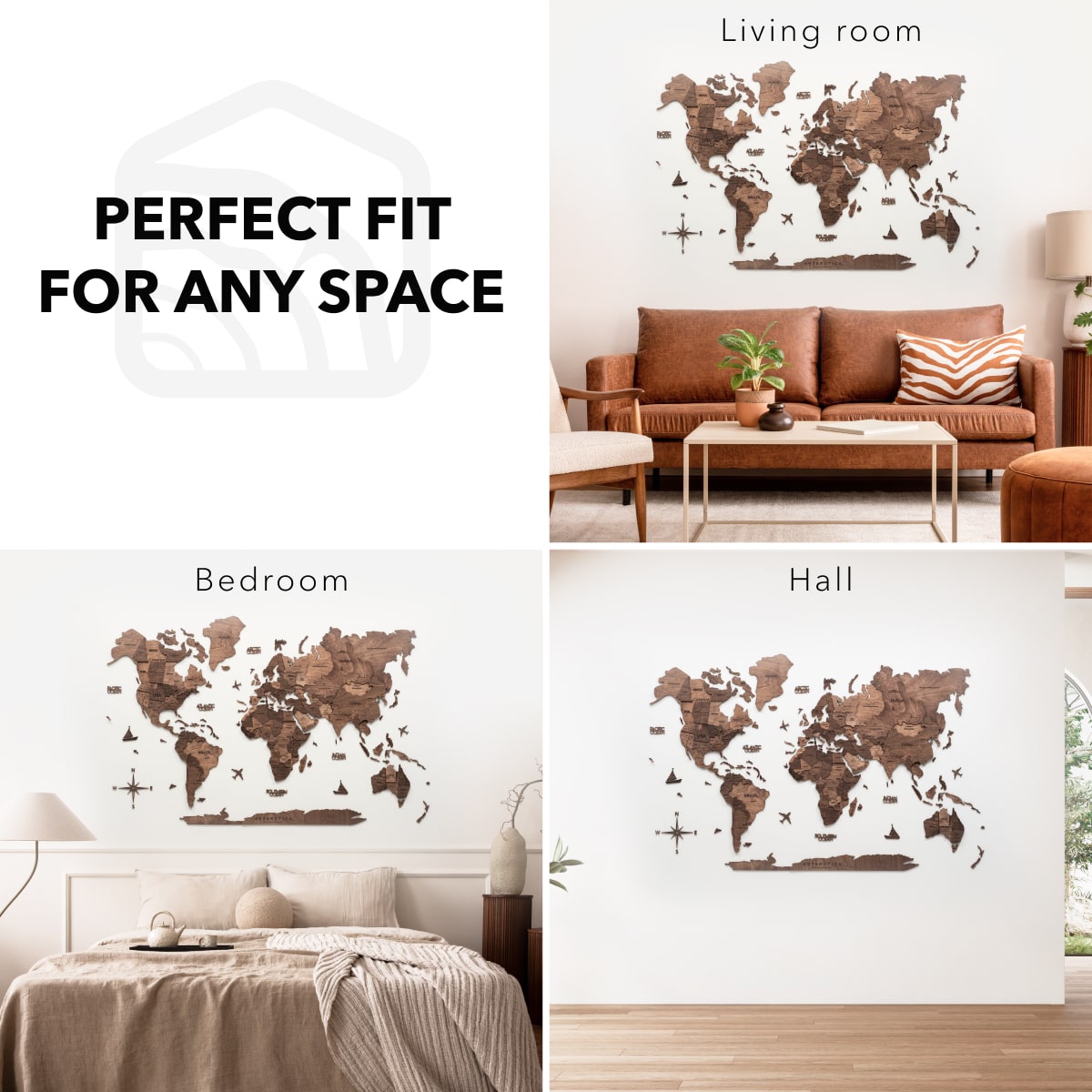 3D Wooden World Map in Dark Walnut Travel-Themed Wall Decor