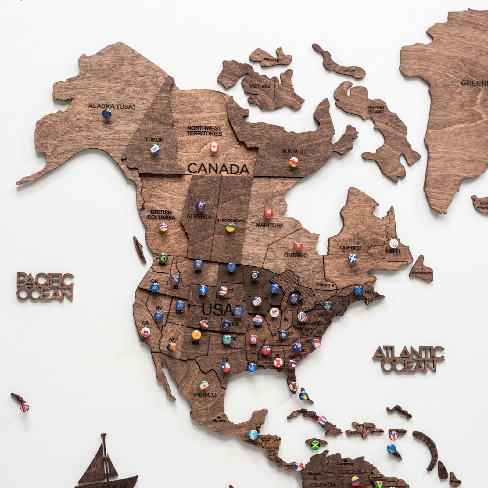 3D Wooden World Map in Dark Walnut Travel-Themed Wall Decor