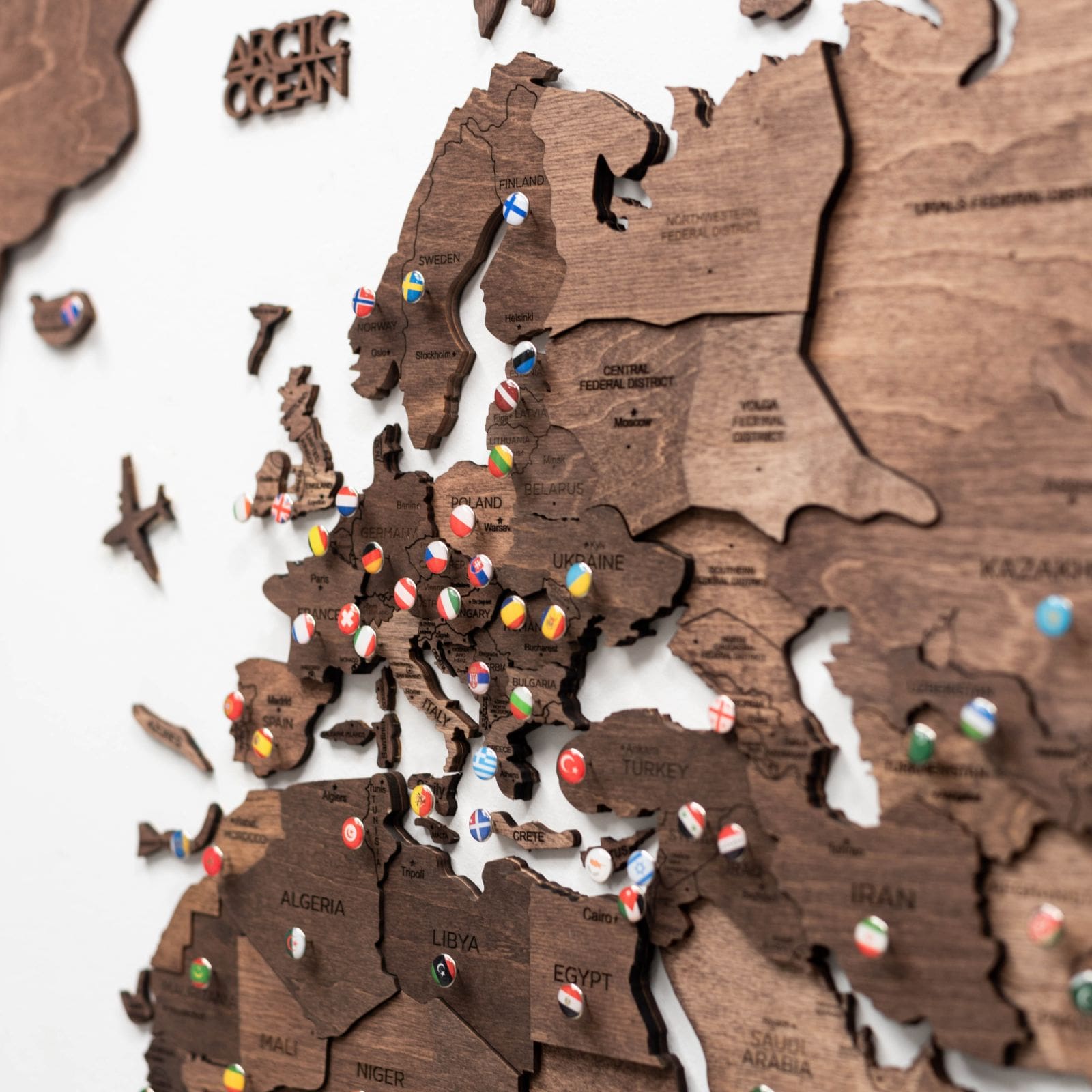 3D Wooden World Map in Dark Walnut Travel-Themed Wall Decor