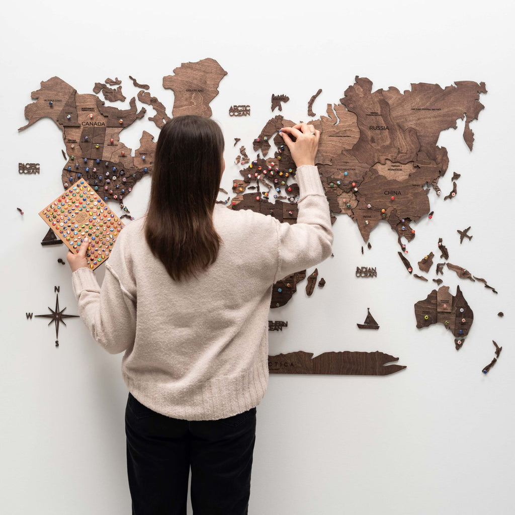 3D Wooden World Map in Dark Walnut Travel-Themed Wall Decor