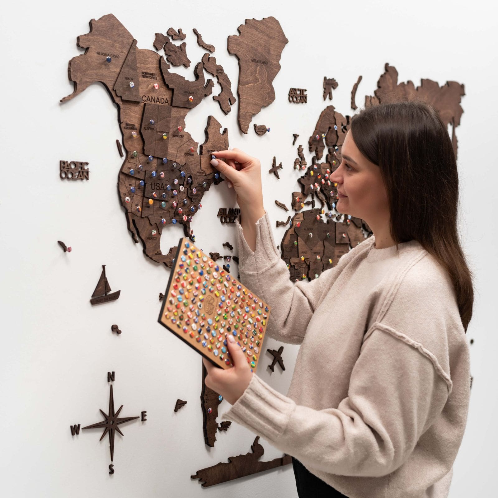 3D Wooden World Map in Dark Walnut Travel-Themed Wall Decor