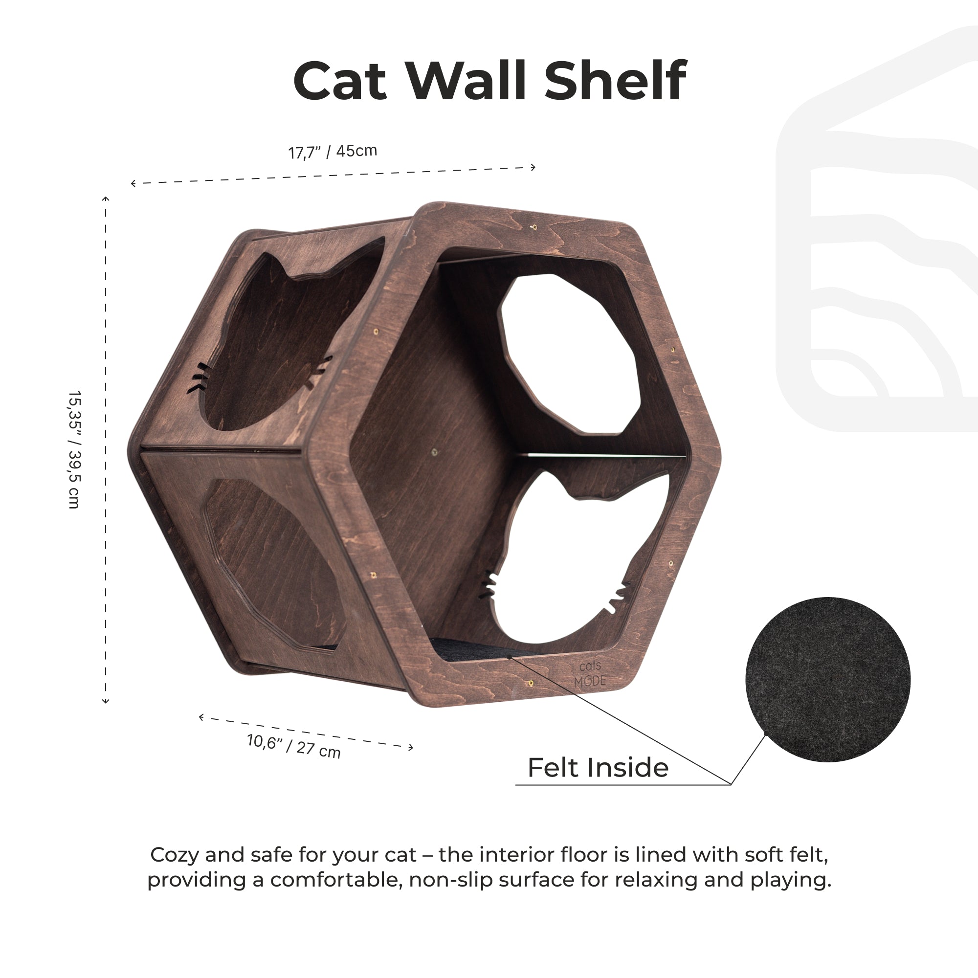 Minimalist Dark Walnut Hexagon Cat Wall Shelf