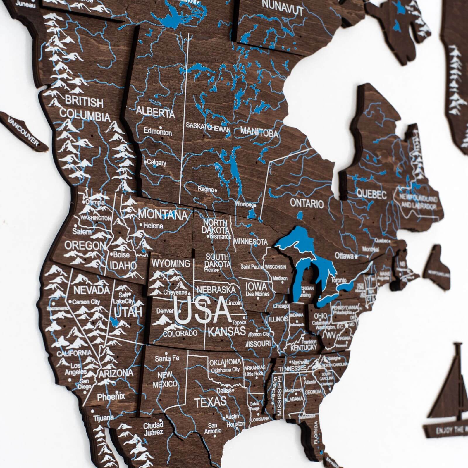 3D Wooden World Map in Dark Walnut Travel-Themed Wall Decor