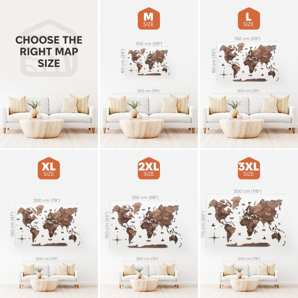 3D Wooden World Map in Dark Walnut Travel-Themed Wall Decor