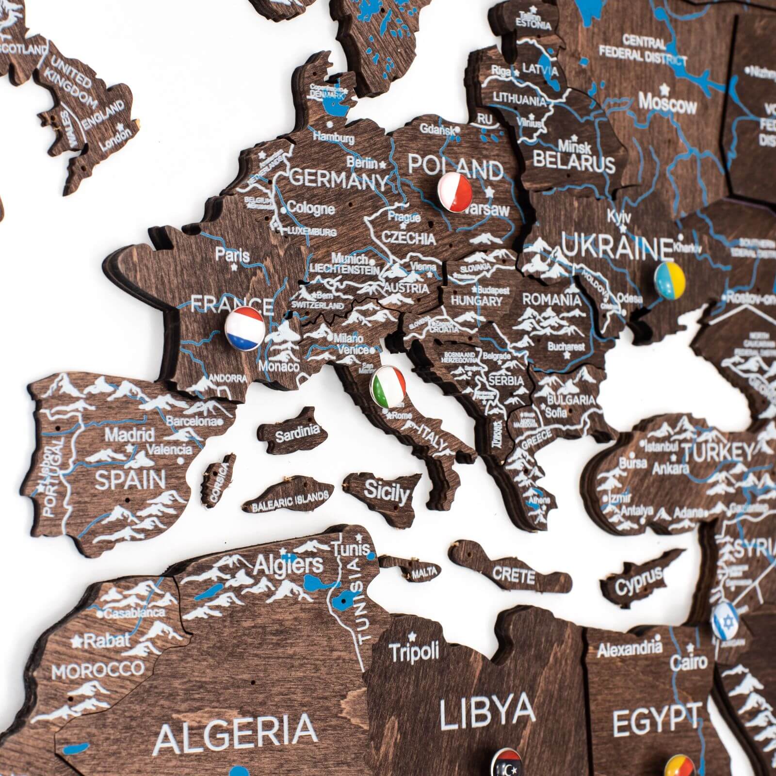 3D Wooden World Map in Dark Walnut Travel-Themed Wall Decor