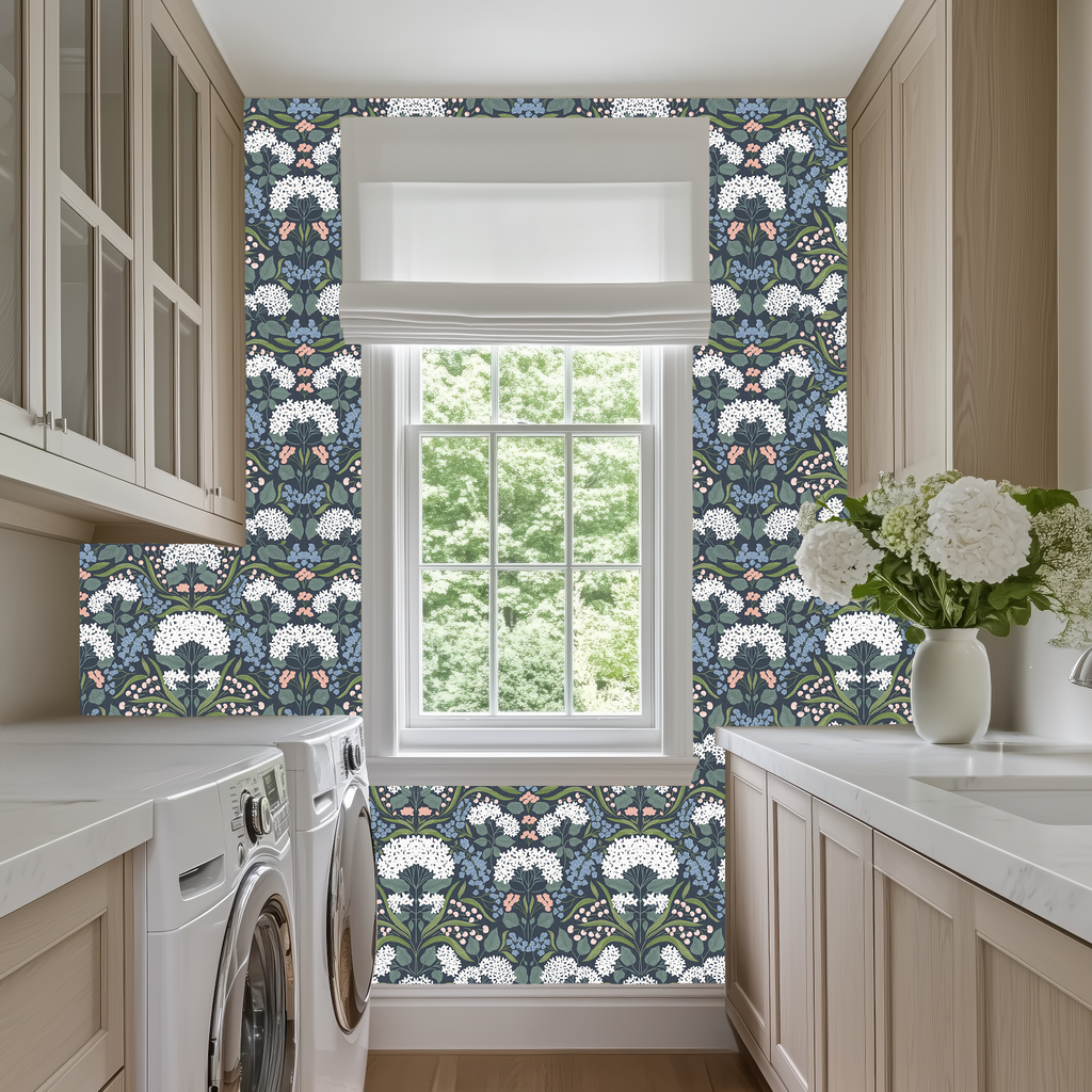 Catherine Floral Wallpaper in White, Blue, Green and Pink