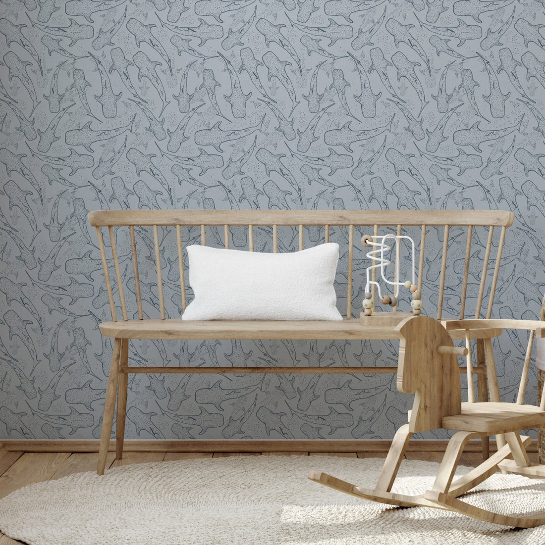 Whimsical animal print wallpaper in blue, pink, and white