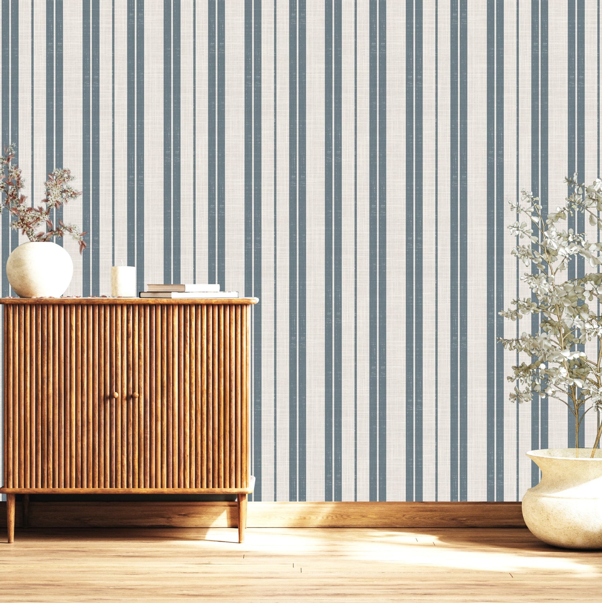 Blue and off-white striped Colbi wallpaper for a classic farmhouse look.