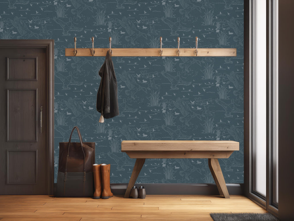 Wallace Patterned Removable Wallpaper in Blue, Olive-Green, White