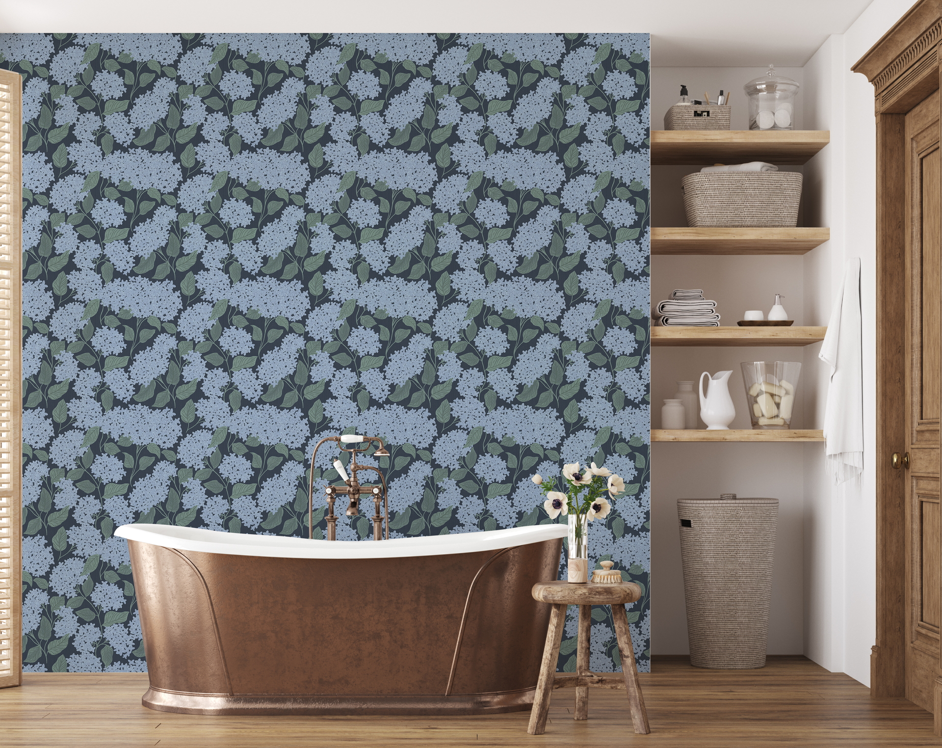 Lisette Floral Wallpaper in Blue, Green, and Off-White