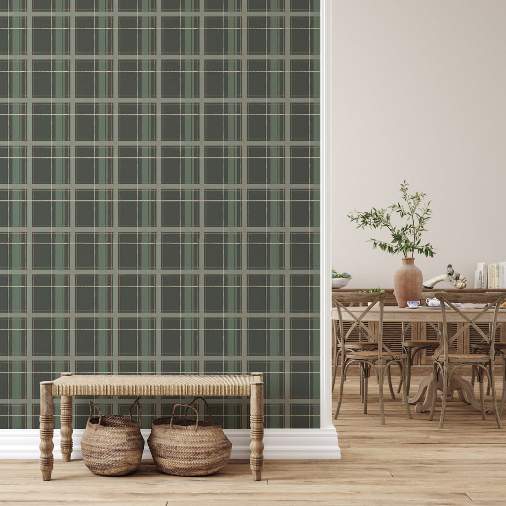 Grady Plaid Wallpaper in Green and Brown for Traditional Decor