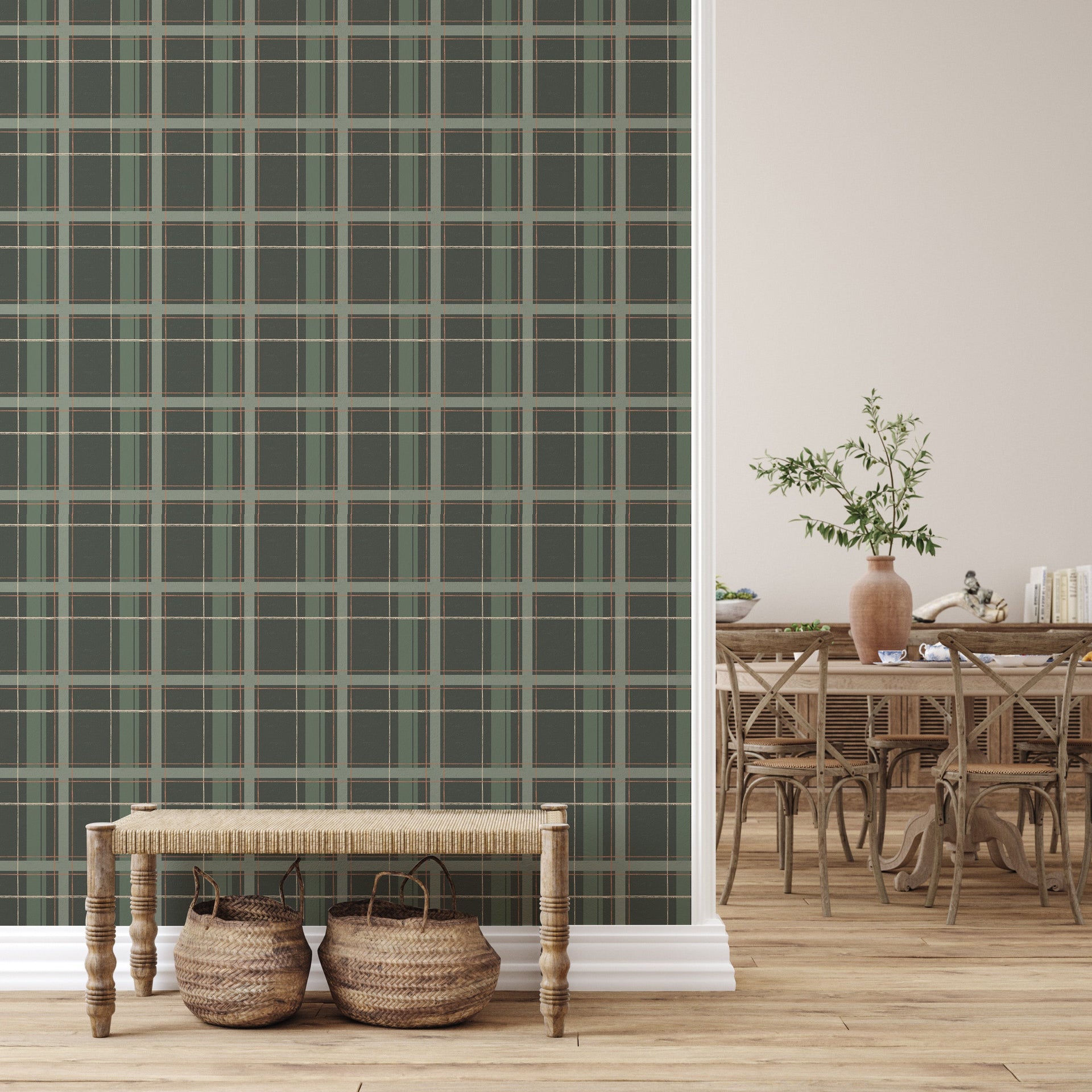 Grady Plaid Wallpaper in Green and Brown for Traditional Decor