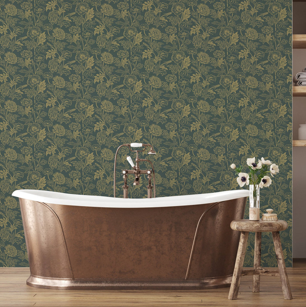 Camila floral botanical wallpaper in dark-green, gold, and terracotta tones.