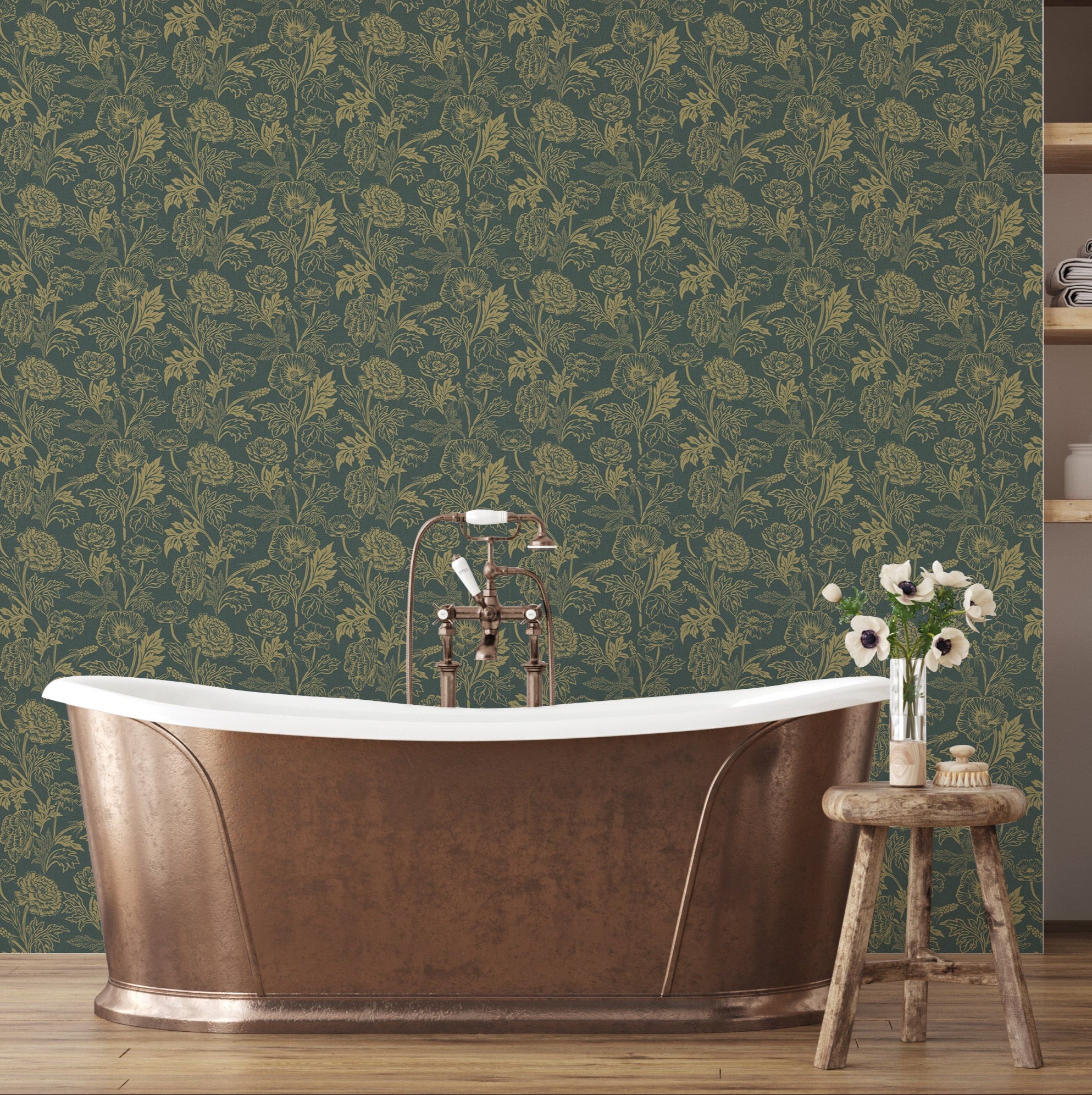 Camila floral botanical wallpaper in dark-green, gold, and terracotta tones.