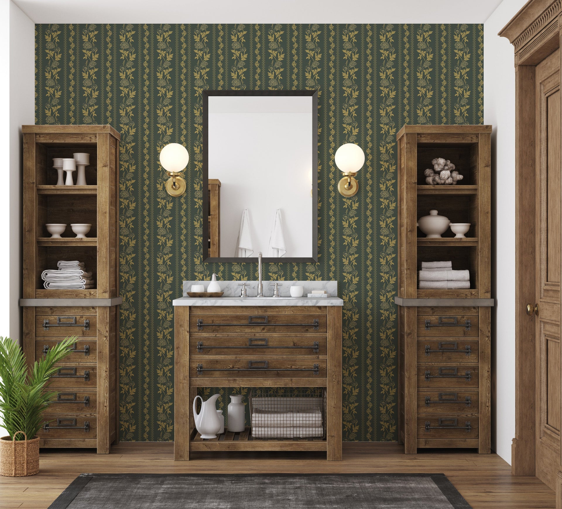 Marisol Floral Wallpaper in Green, Gold, Cream and Rose