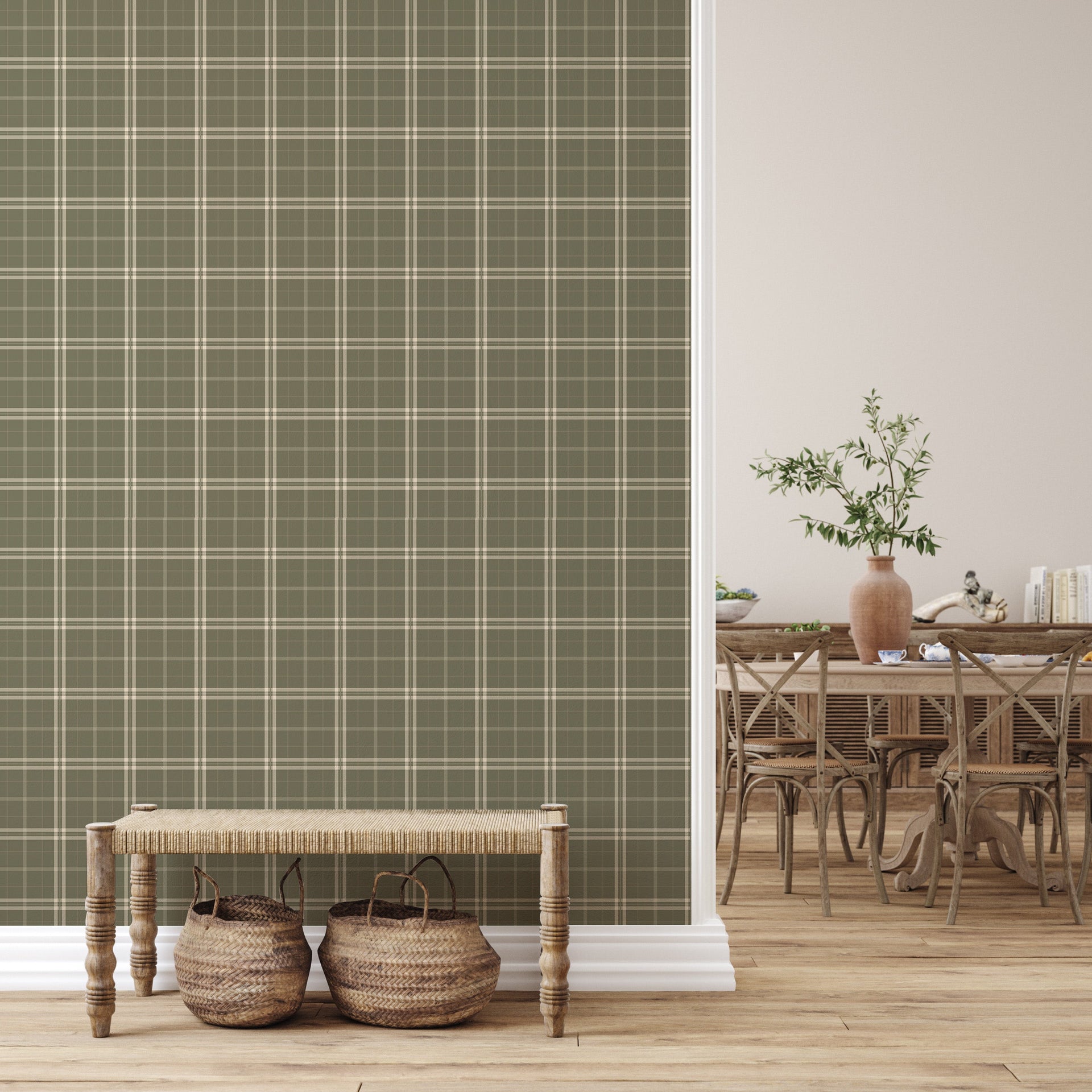 Alcott Plaid Wallpaper in Olive Green and Cream Farmhouse
