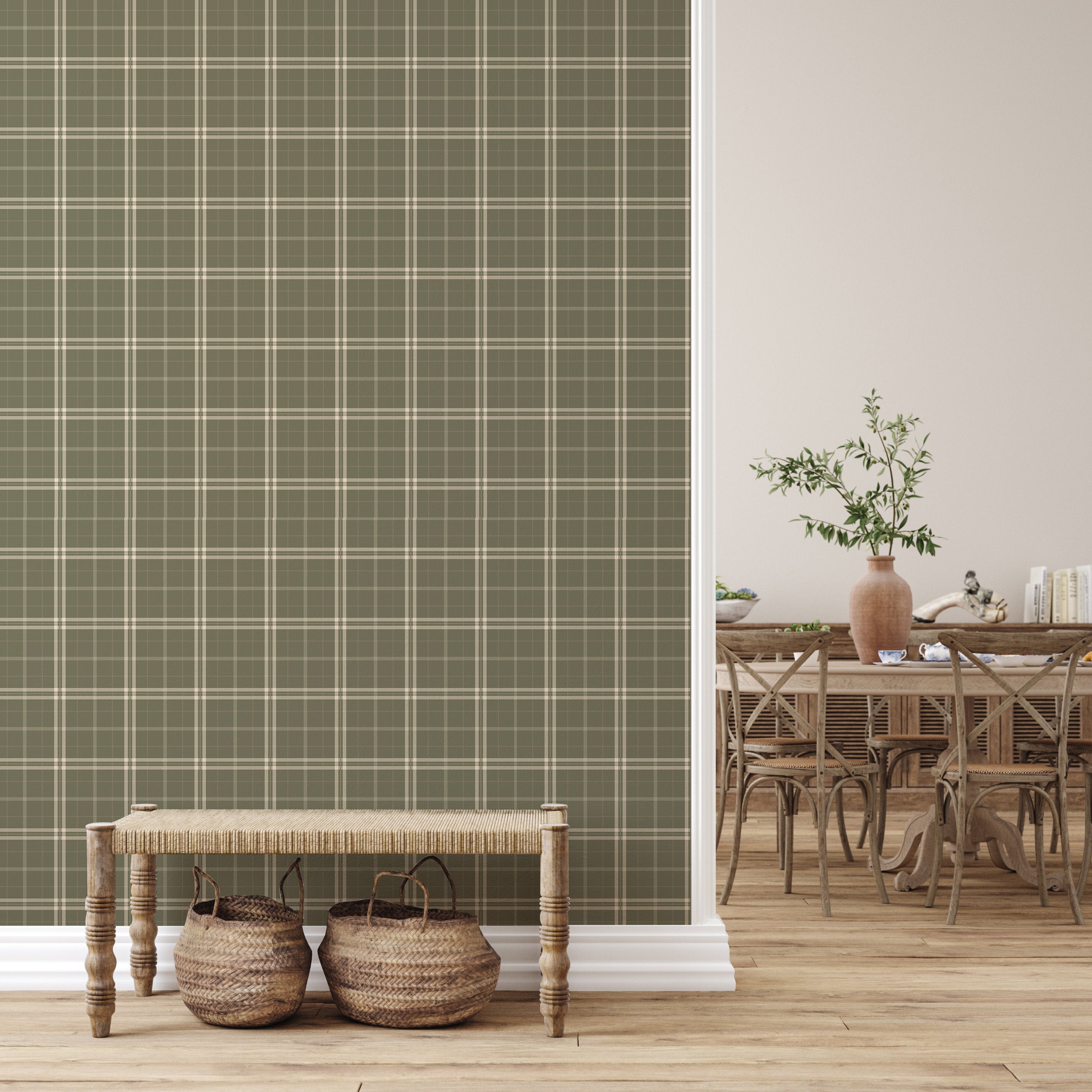 Alcott Plaid Wallpaper in Olive Green and Cream Farmhouse