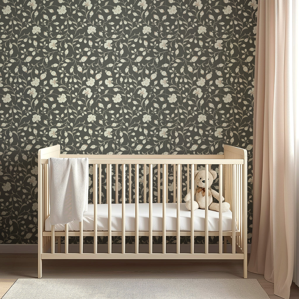 Avie Floral Wallpaper in Mauve and Charcoal Minimalist Design