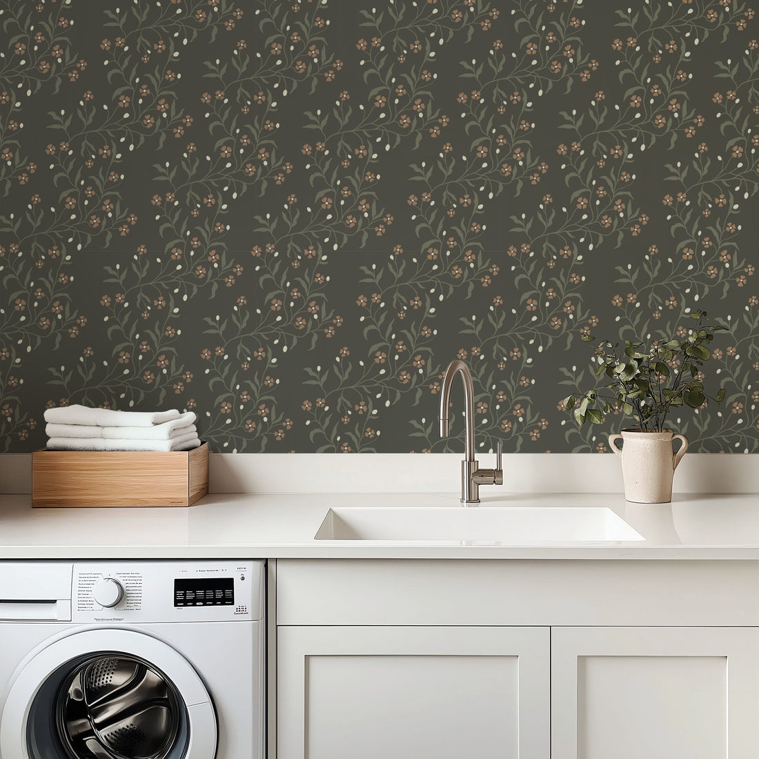 Rainey Floral Botanical Wallpaper in Sage Green and Dusty Pink