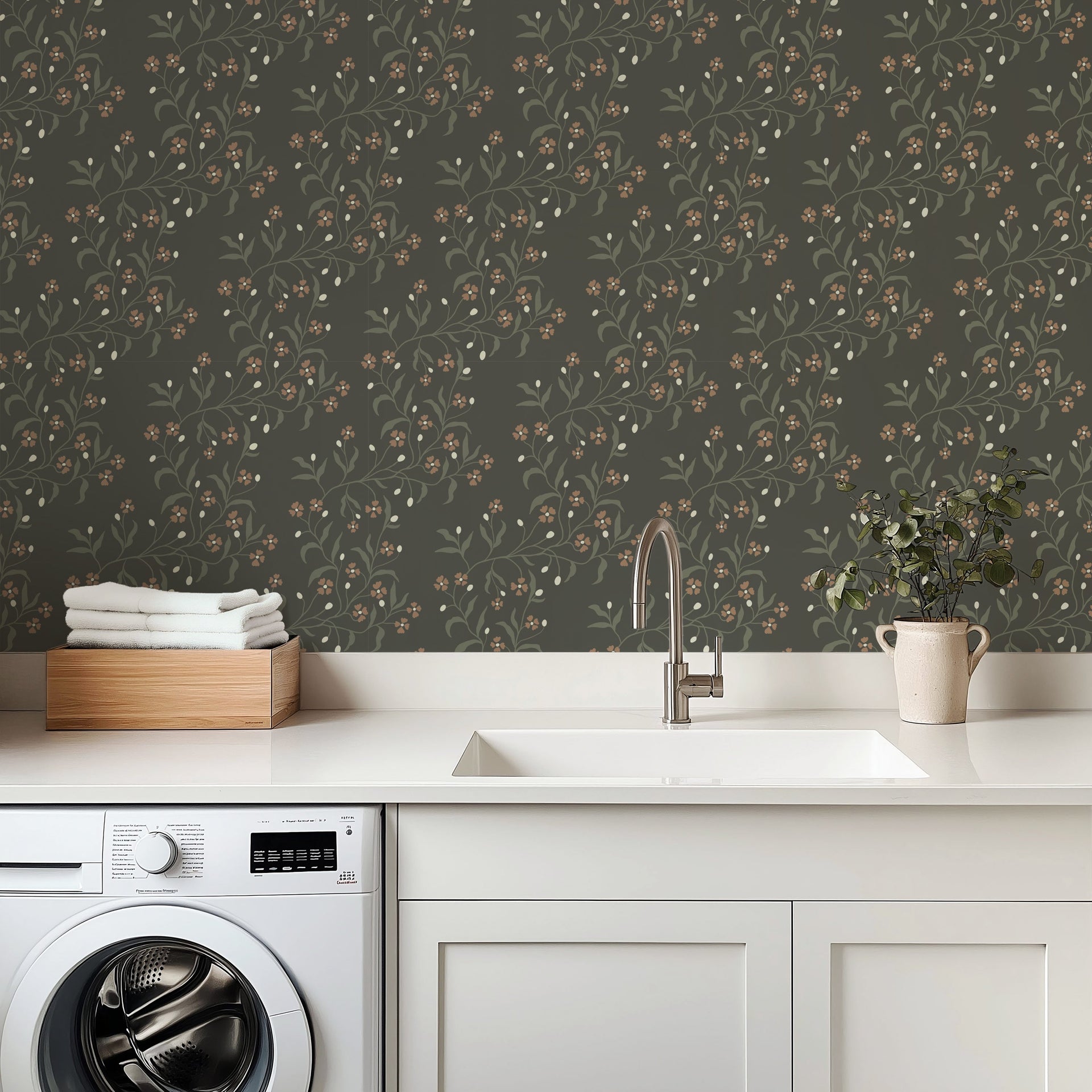 Rainey Floral Botanical Wallpaper in Sage Green and Dusty Pink