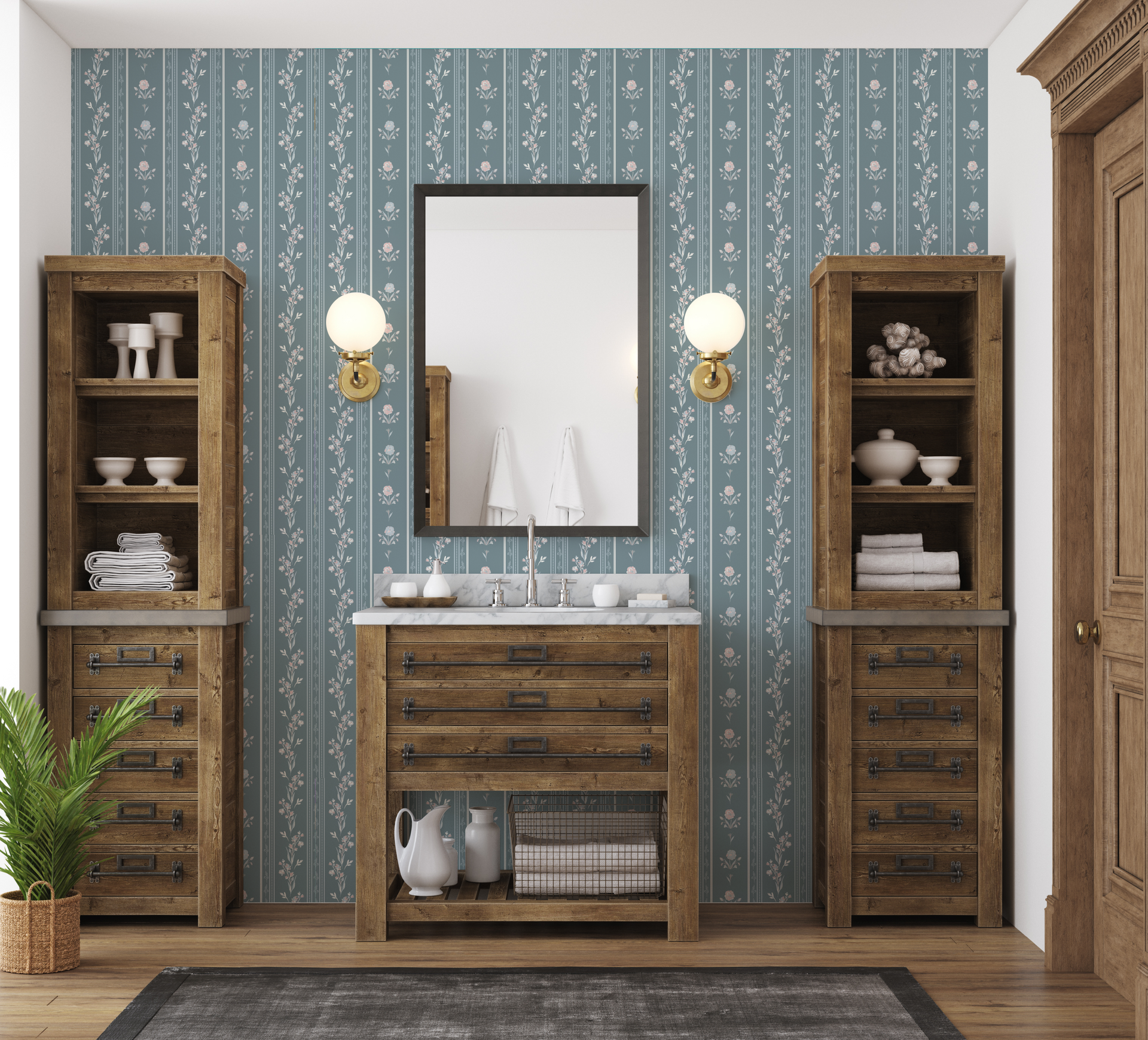 Delphine Floral Removable Wallpaper in White, Sage-Green & Slate-Blue