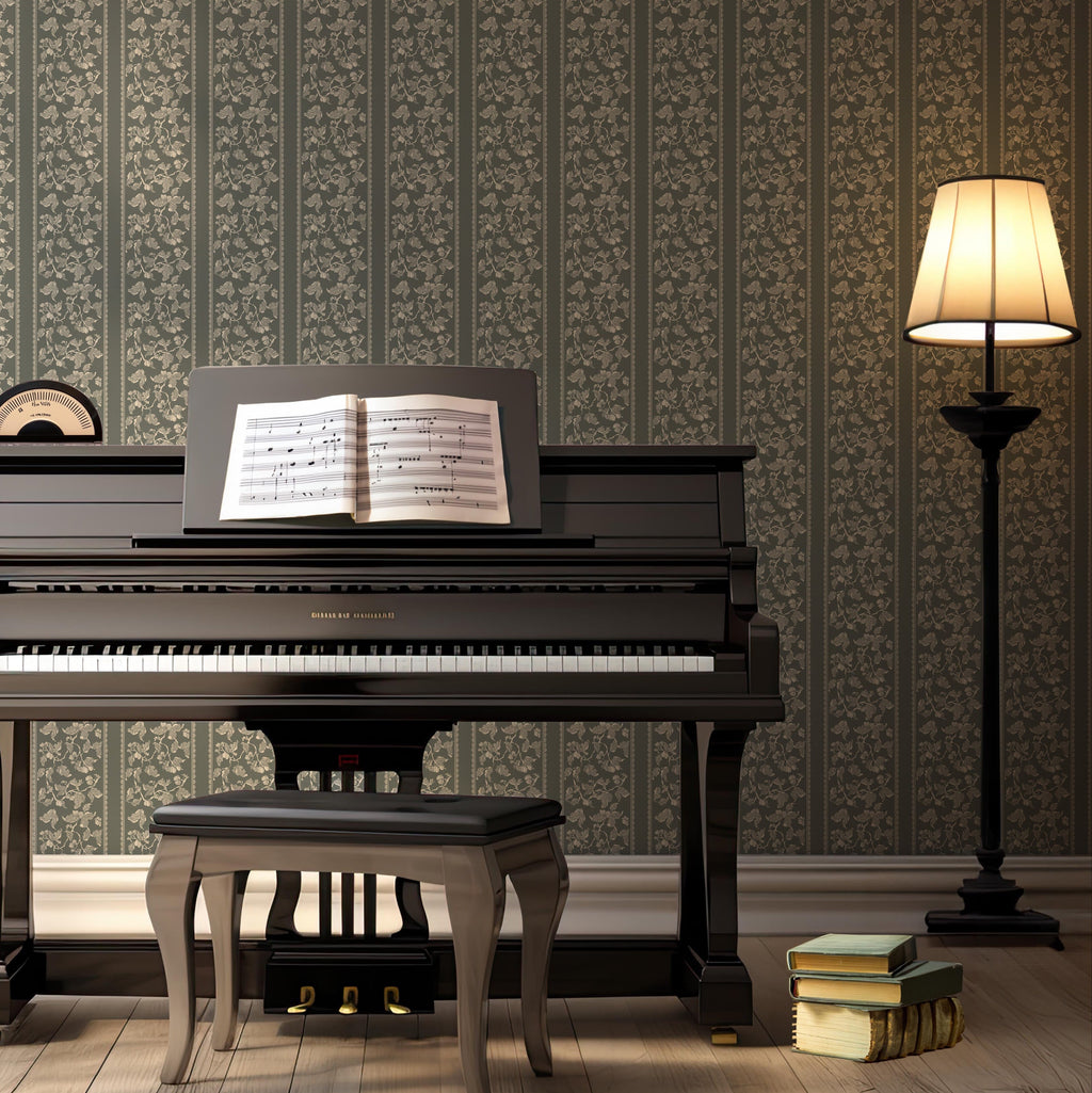 Abel traditional striped wallpaper featuring charcoal, beige, and cream vertical stripes.