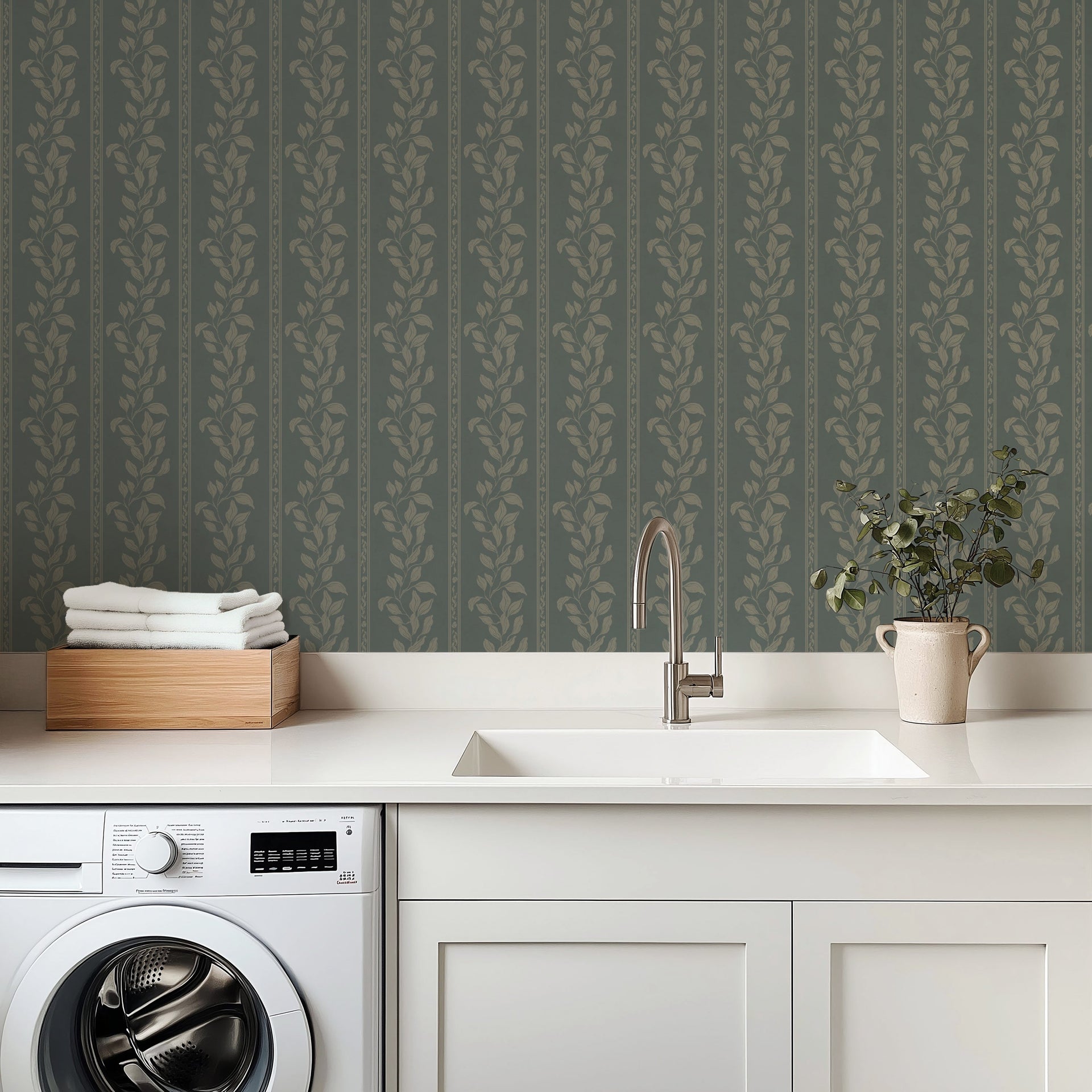Rowe Floral Wallpaper in Grey-Green and Off-White