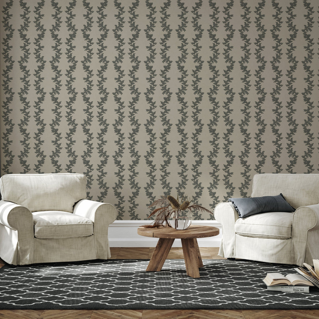 Linden Traditional Transitional Wallpaper in Grey and Taupe