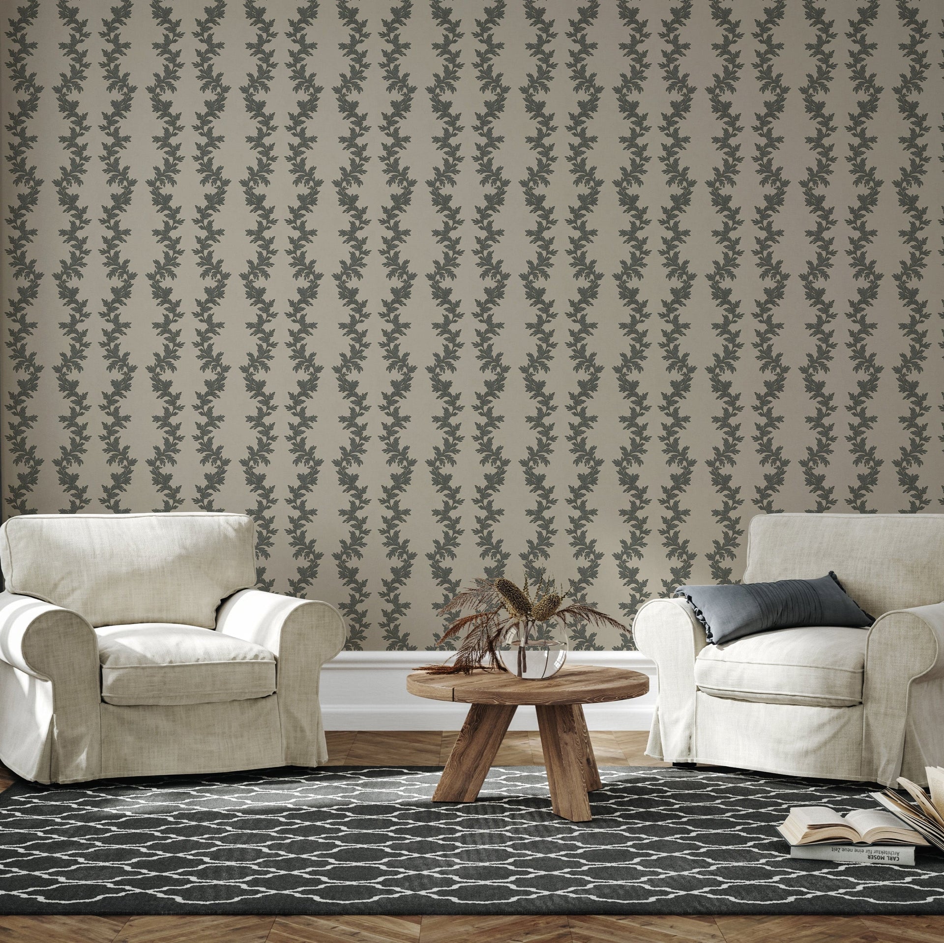 Linden Traditional Transitional Wallpaper in Grey and Taupe