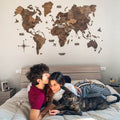 Detailed 3D Wooden World Map in Dark Walnut finish with travel flags