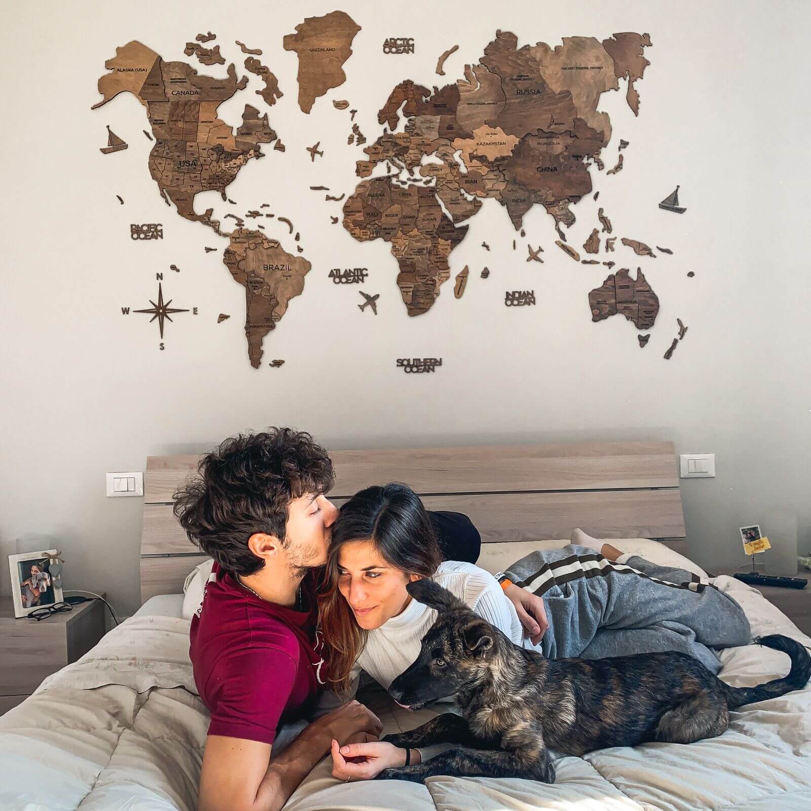 Detailed 3D Wooden World Map in Dark Walnut finish with travel flags