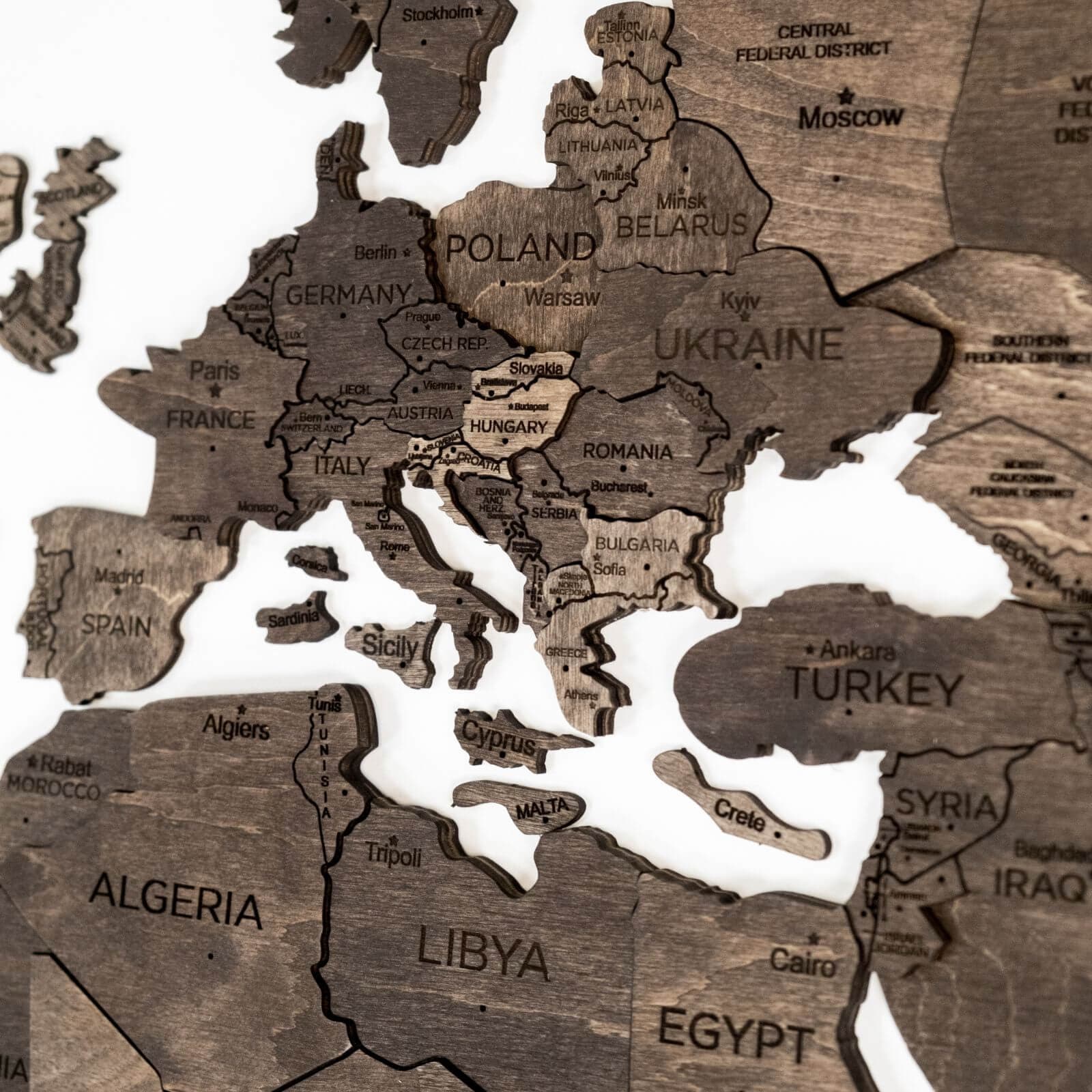 3D Wooden World Map Dark Walnut Modern Minimalist Wall Art