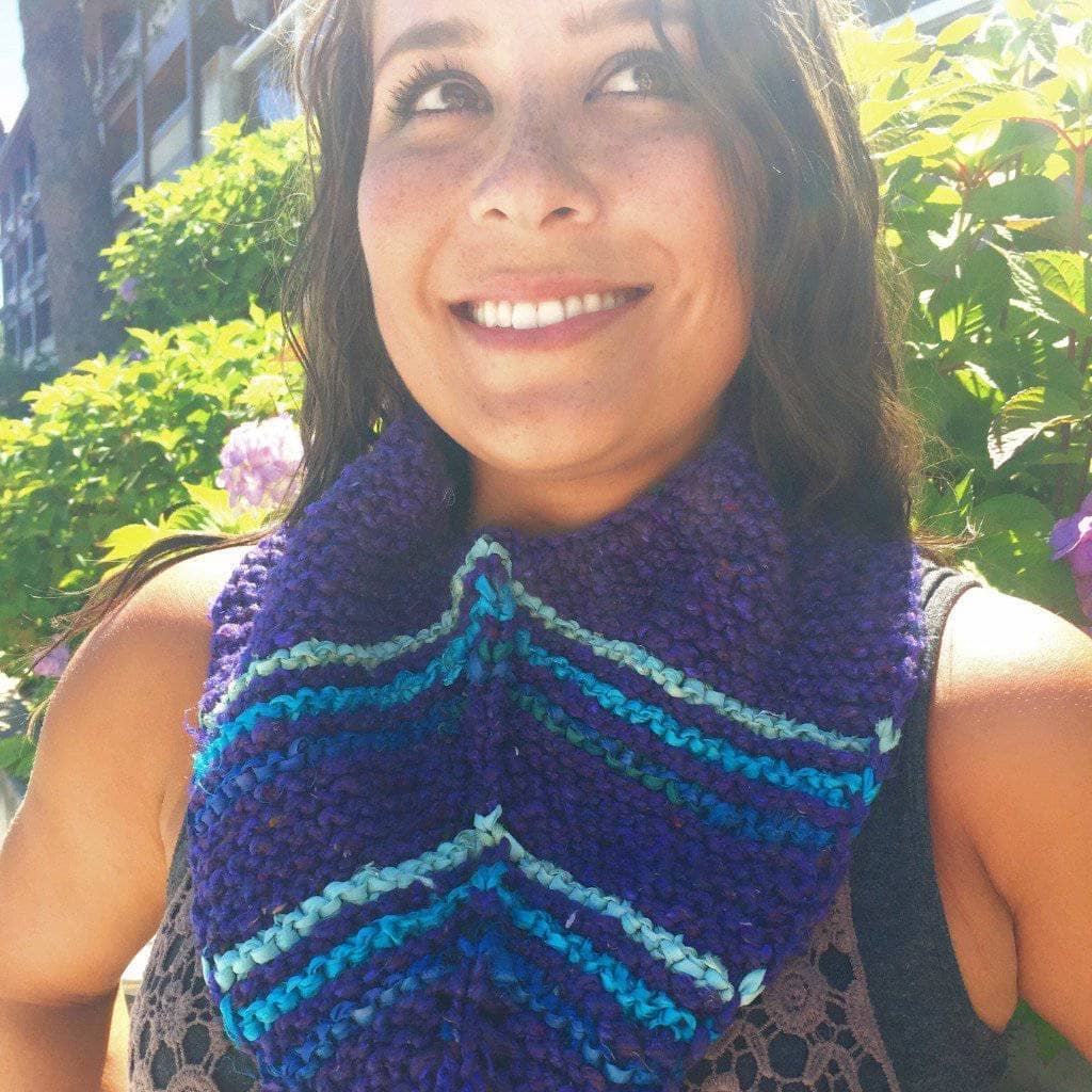 Handcrafted bohemian handkerchief cowl in purple, blue, and teal knit textures