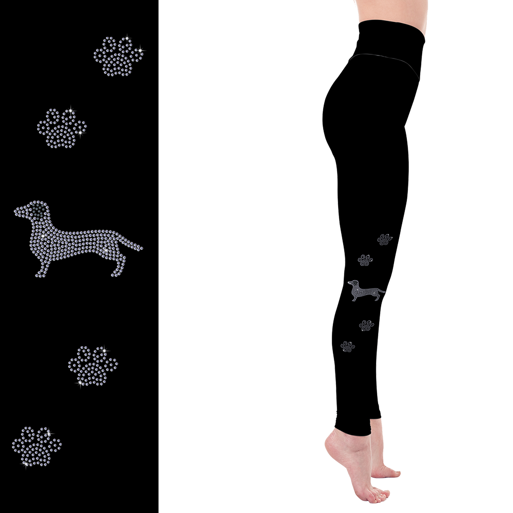 Long Haired Dachshund Rhinestone Leggings with Pockets - White or Black Glitter
