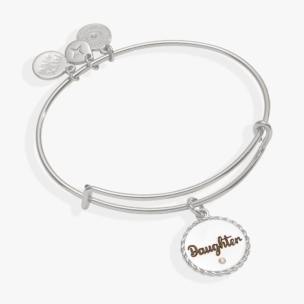 An expandable wire charm bangle with an engraved 'Daughter' charm and a small clear crystal accent in silver and gold.