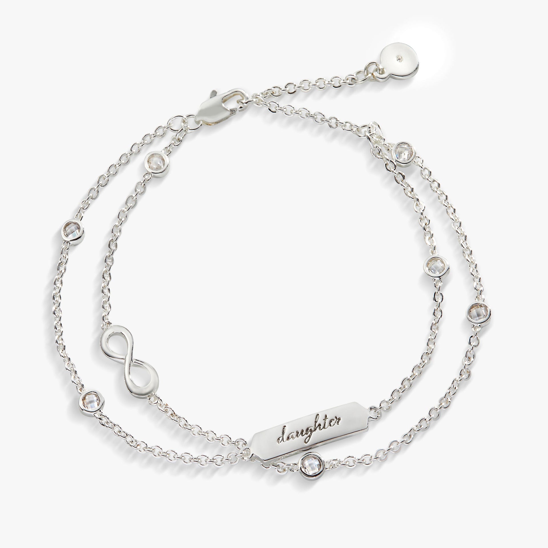 Double strand infinity charm bracelet featuring gold and silver tones with clear crystal accents