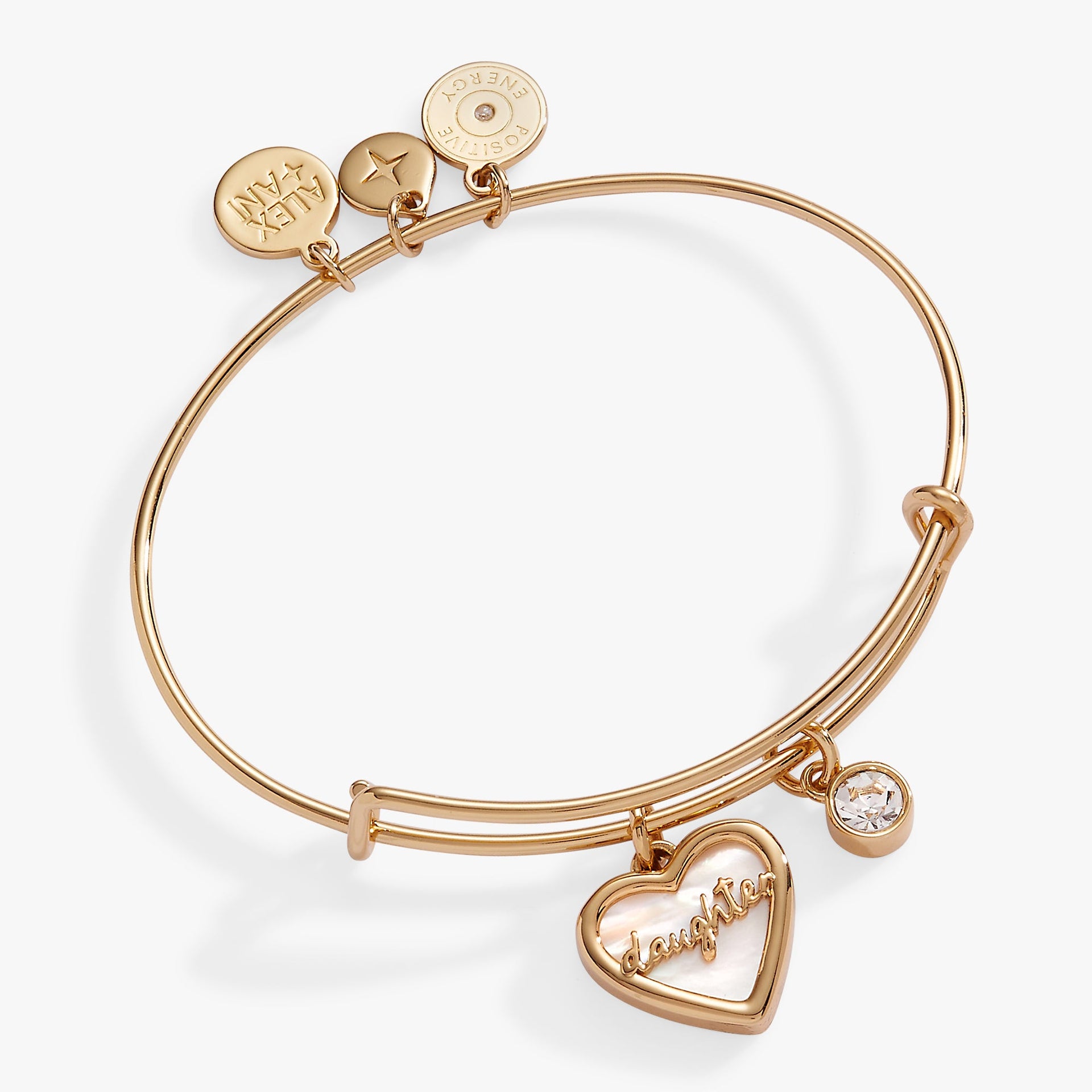 Gold expandable wire bracelet with a Mother of Pearl heart charm and Daughter inscription