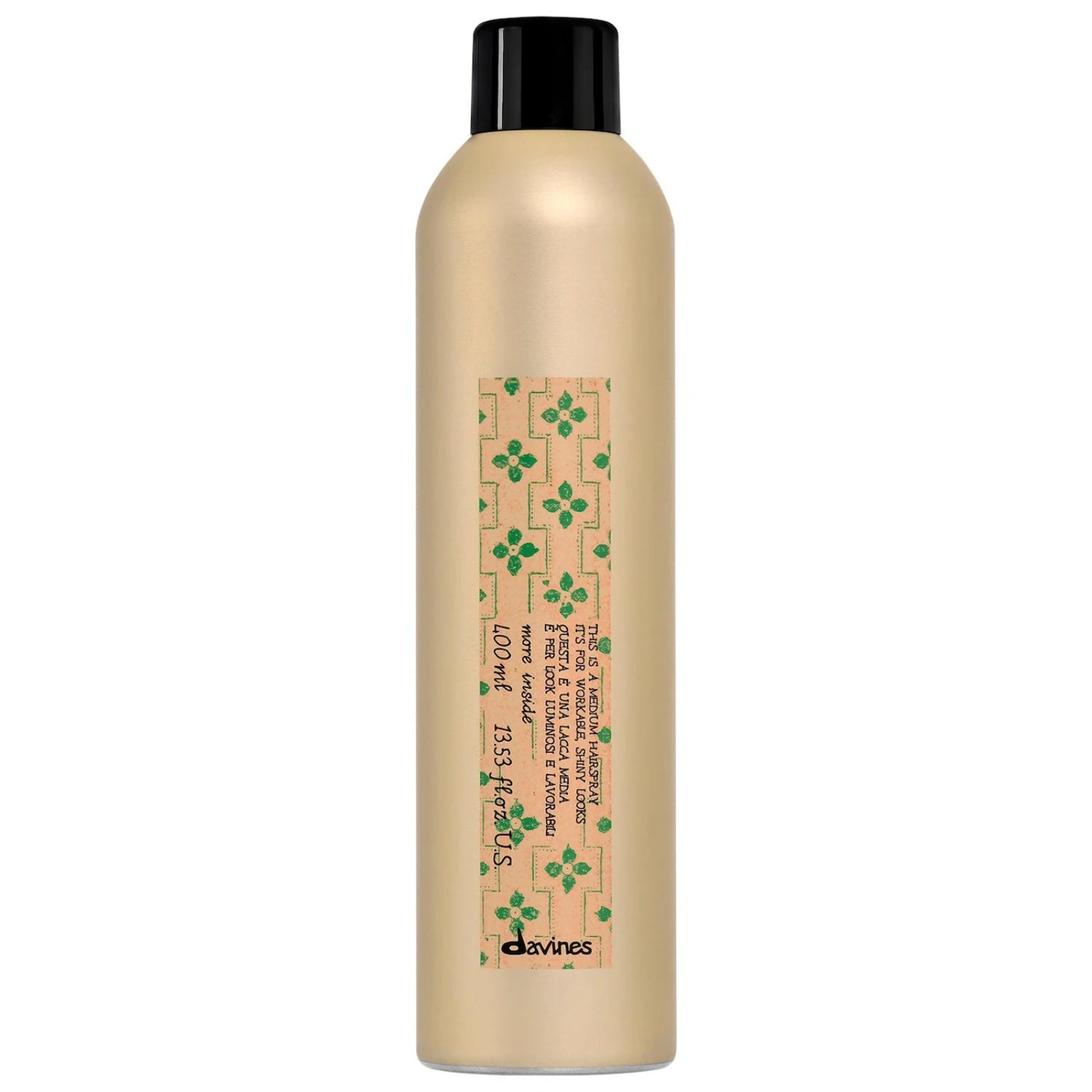 A gold 400ml canister of Davines This Is a Medium Hairspray with a black cap on a neutral background.
