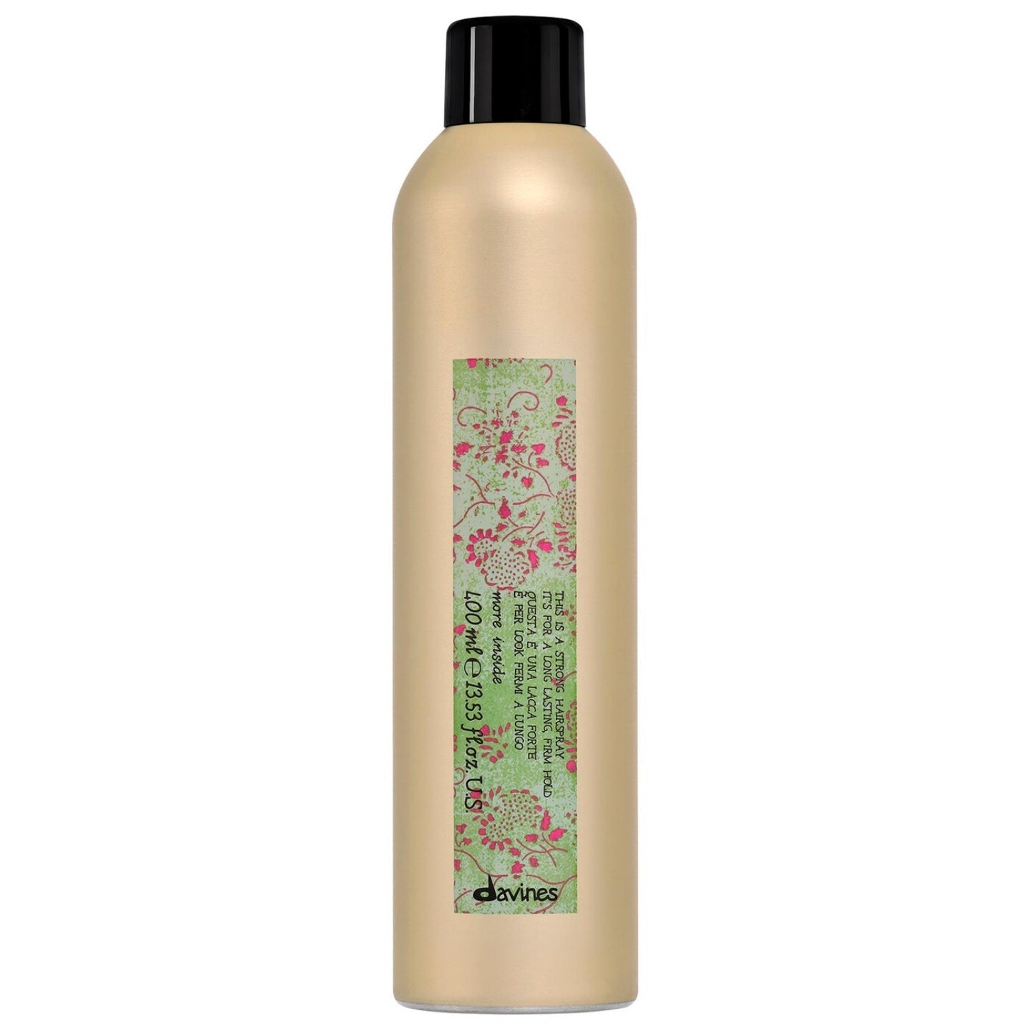 Davines strong hold hairspray in gold, green, and pink packaging, 400ml size.