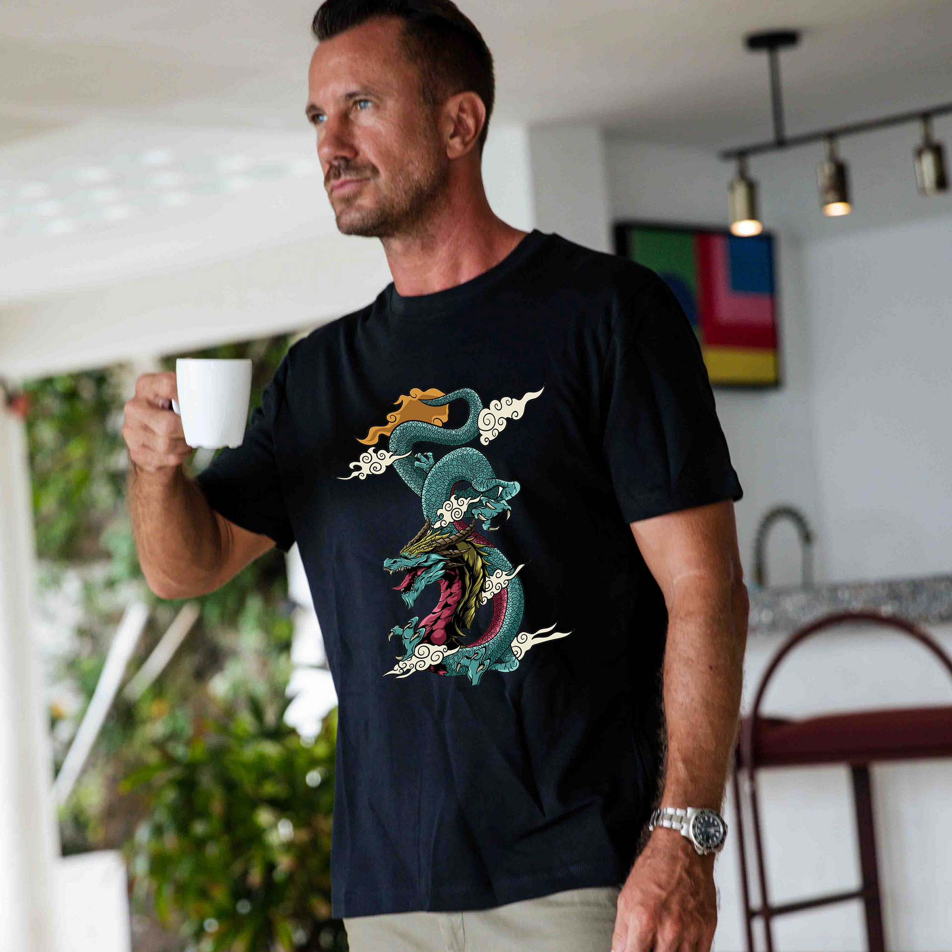 Black crew neck t-shirt with artistic Chinese dragon and cloud motif