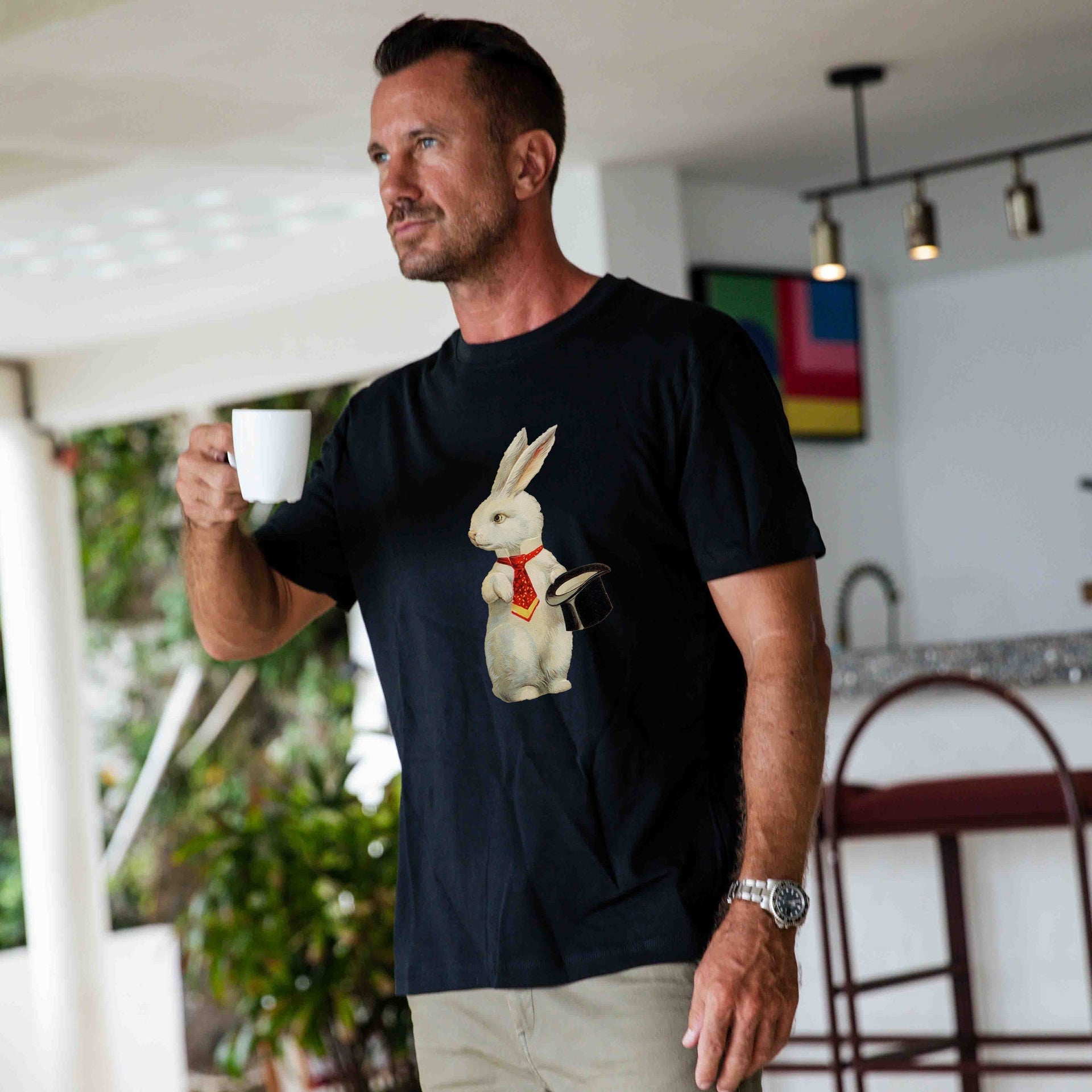 Vintage Rabbit Easter Graphic Crew Neck T-Shirt in Black