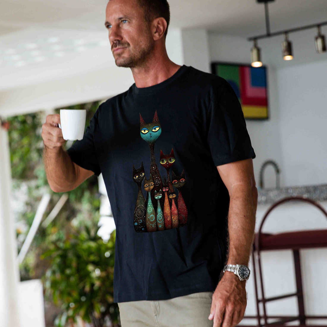 Black crew neck cotton t-shirt with a whimsical cat family portrait graphic