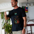 Black crew neck cotton t-shirt with a whimsical cat family portrait graphic