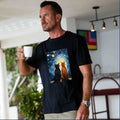 Black crew neck t-shirt featuring a Van Gogh Starry Night cat art print