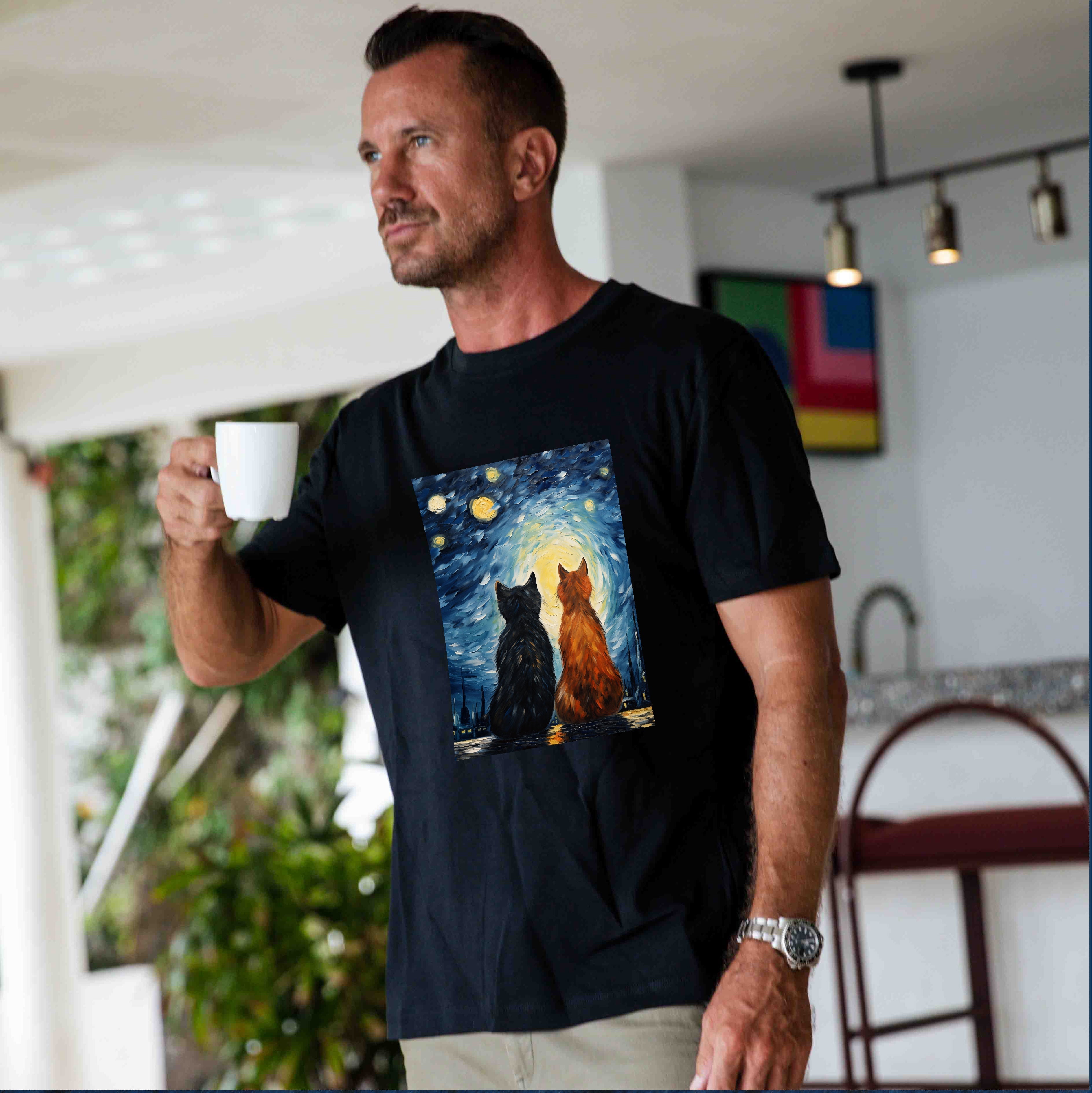 Black crew neck t-shirt featuring a Van Gogh Starry Night cat art print