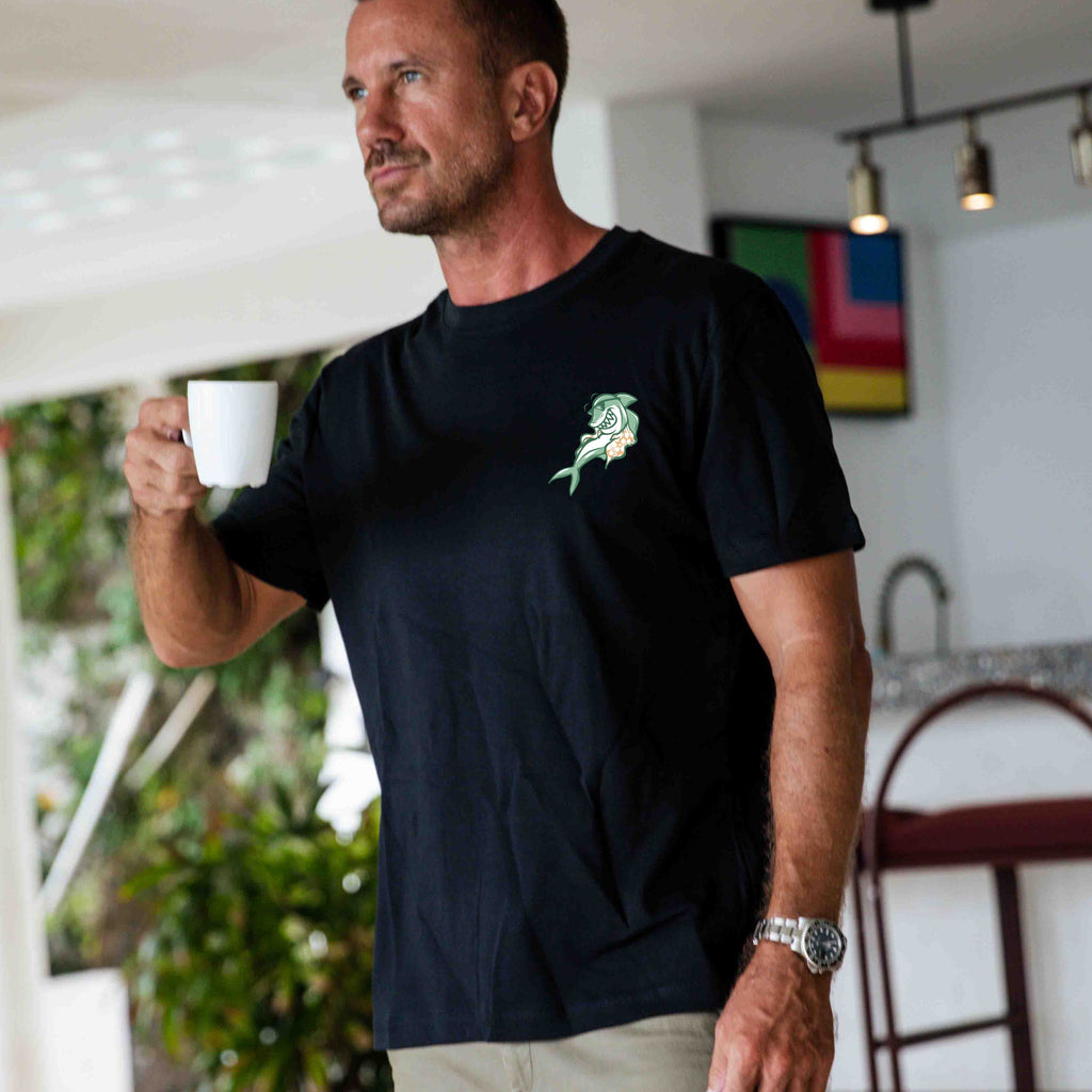 Black crew neck t-shirt with a beach-themed Do Not Disturb graphic